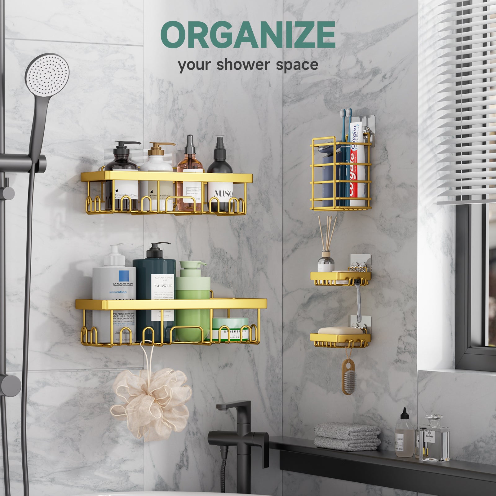 Veken Adhesive Shower Caddy 6-Pack,Gifts for Women Mom,Heavy Weight Bearing,Large Wall Mounted Bathroom Shelves Rack,Organizer Storage Accessories with Soap Dish&Toothbrush Holder,Bright Gold - aborderproducts