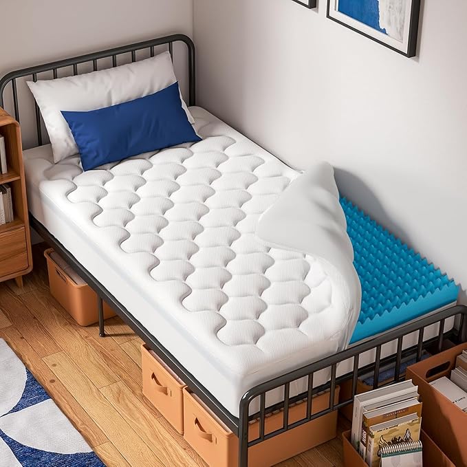 OhGeni Cooling 5 Inch Twin XL Dual Layer Mattress Topper, 3 Inch Gel Memory Foam,2 Inch Soft Pillow Top Pad, College Dorm Essentials Bedroom Mattresses Cover, Comfortable Sleep and Back Pain Relief