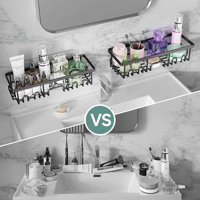 Veken Rustproof & Waterproof Shower Caddy 2-Pack, No Drilling Adhesive Shelves Rack with Soap Holder, Large Capacity Bathroom Organizers and Storage, Wall-Mounted Kitchen & Home Decor, Black - aborderproducts