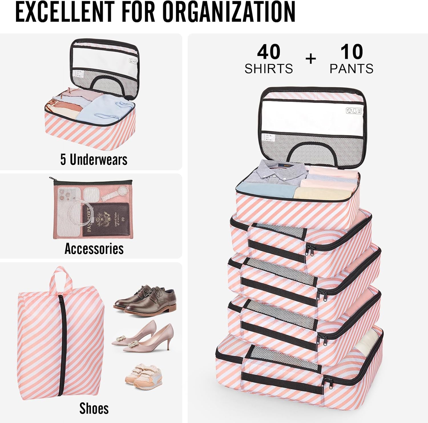 Veken | 10 Set | Packing Cube | Sweet Pink Stripes - aborderproducts