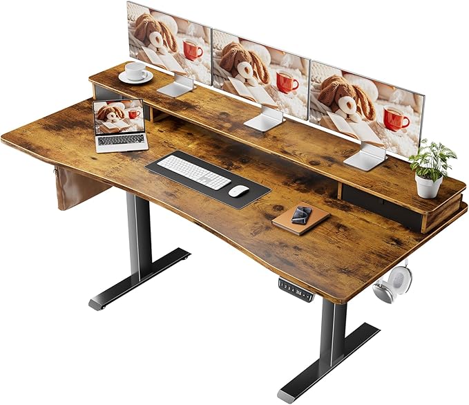 Veken 63 Inch Adjustable Standing Desk with Drawers, Ergonomic Computer Desk with Monitor Shelf, Home Office Desk for Work, Study, Gaming, Writing, Brown - aborderproducts