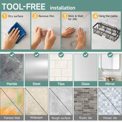 Veken | 6 Pack Stainless Steel Shower Caddy| Black | No Drilling &amp; Rustproof, Waterproof Adhesive Shelves Rack with Soap Holder, Large Capacity Bathroom Organizers and Storage, Wall-Mounted Kitchen Decor - aborderproducts