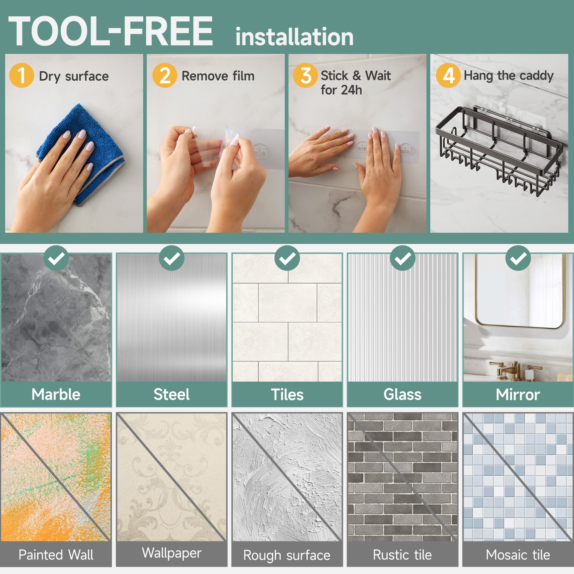 Veken | 6 Pack Stainless Steel Shower Caddy| Black | No Drilling &amp; Rustproof, Waterproof Adhesive Shelves Rack with Soap Holder, Large Capacity Bathroom Organizers and Storage, Wall-Mounted Kitchen Decor - aborderproducts