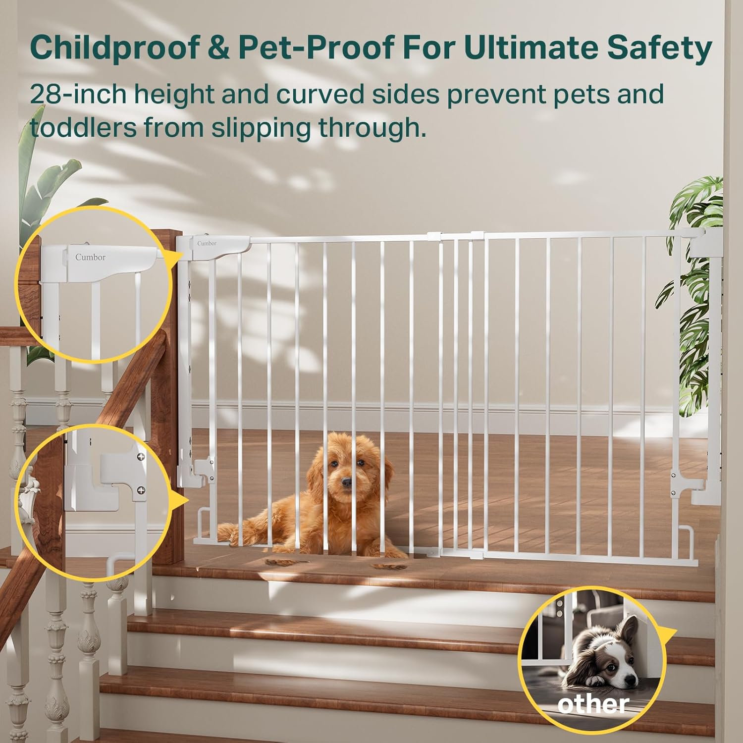 Cumbor | Safety Gate | No Bottom Bar | 28" x 31.6-48" | White - aborderproducts