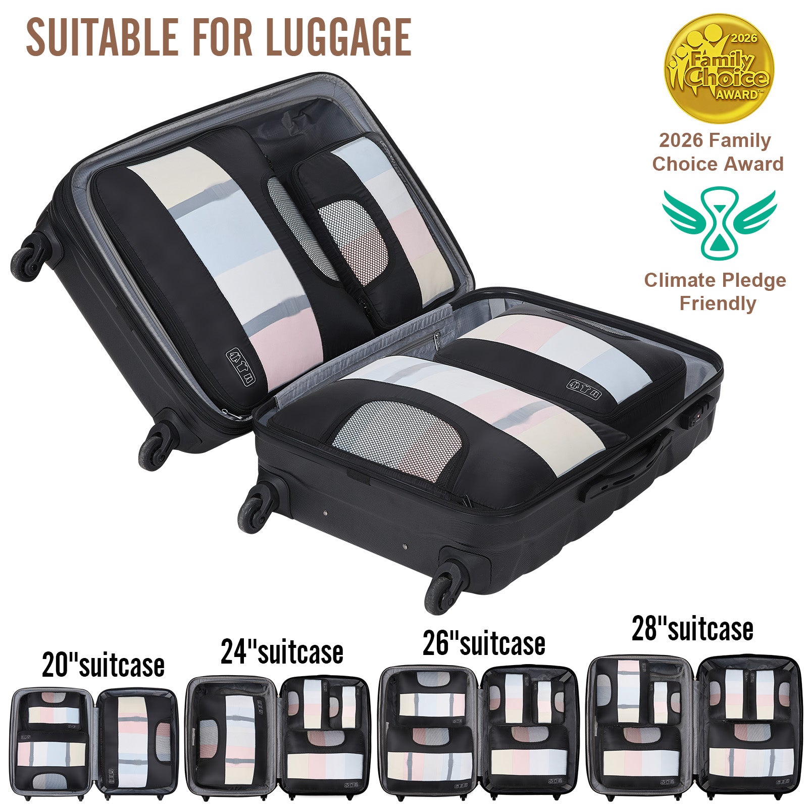 Veken 10 Set/8 Set Packing Cubes for Travel Essentials,Anti-Wrinkle Buckled Suitcase Organizer for Shoe & Toiletry Bag,Carry On Luggage Bag for Airplane & College Dorm Room Accessories,Women Men Gifts-zoom-12