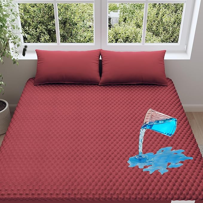 OhGeni 100% Waterproof Mattress Protector,Queen Size Mattress Soft Pad,Hair & Bedwetting Resistant,Cooling Breathable Fitted Sheets,Washable Bed Cover,Non-Slip Deep Pocket,Noiseles for Bedroom,Red - aborderproducts