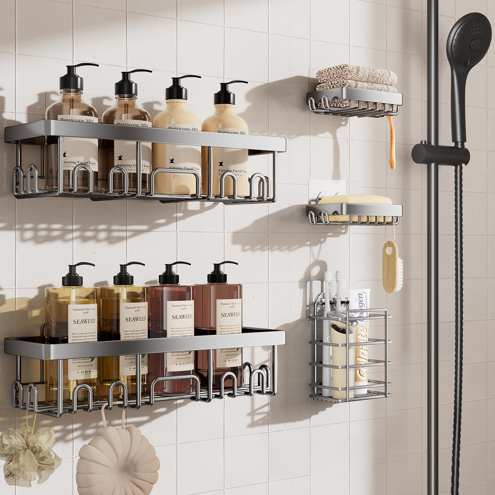 Veken Shower Caddy 5 Pack No Drill Adhesive Bathroom Organizer with Soap Holder Rustproof Waterproof Wall Mounted Storage Silver-zoom-1