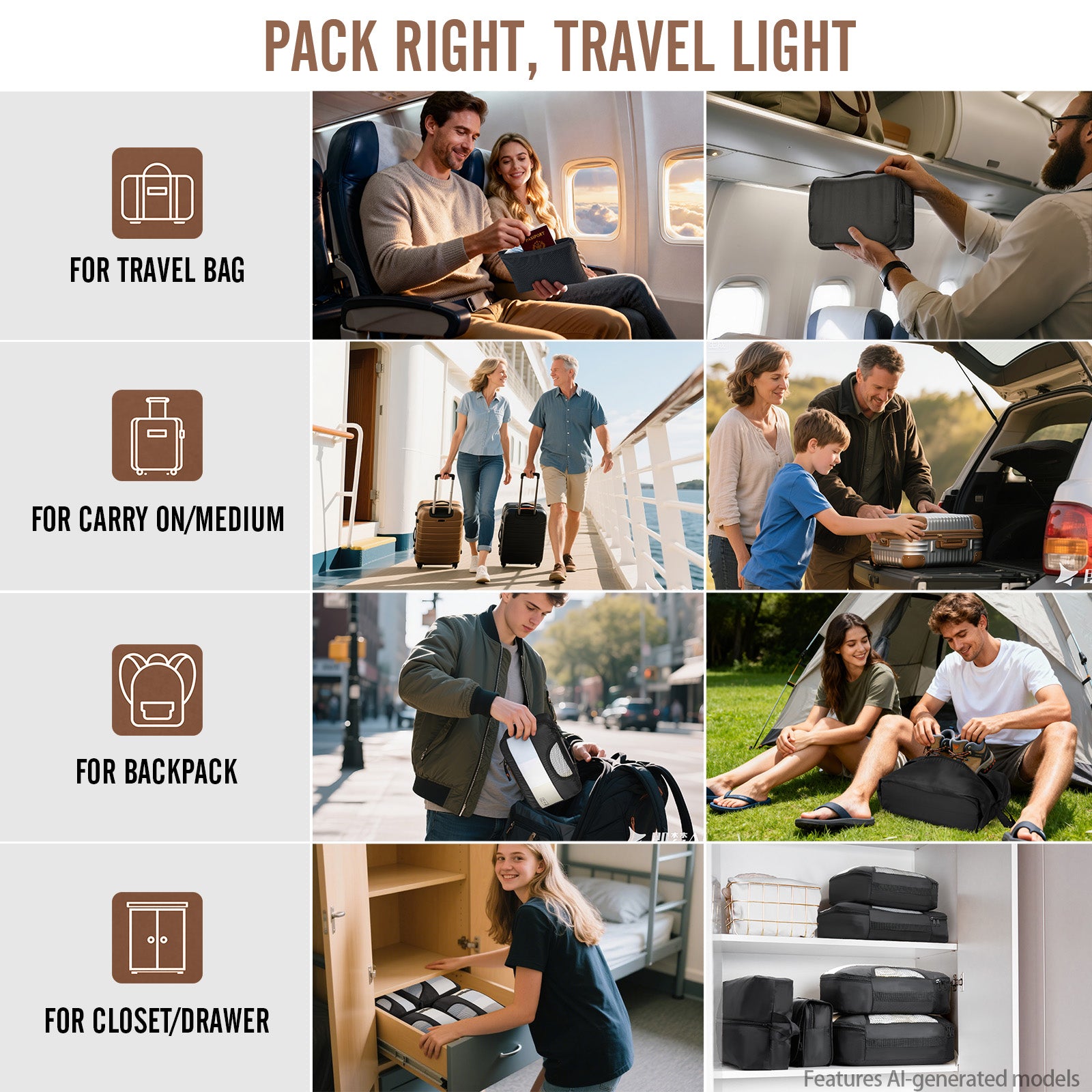 Veken 10 Set/8 Set Packing Cubes for Travel Essentials,Anti-Wrinkle Buckled Suitcase Organizer for Shoe & Toiletry Bag,Carry On Luggage Bag for Airplane & College Dorm Room Accessories,Women Men Gifts-zoom-51