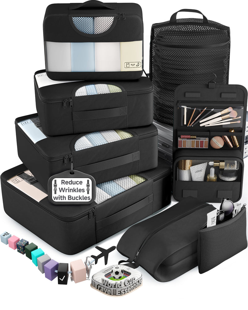 Veken 10 Set/8 Set Packing Cubes for Travel Essentials,Anti-Wrinkle Buckled Suitcase Organizer for Shoe & Toiletry Bag,Carry On Luggage Bag for Airplane & College Dorm Room Accessories,Women Men Gifts-zoom-