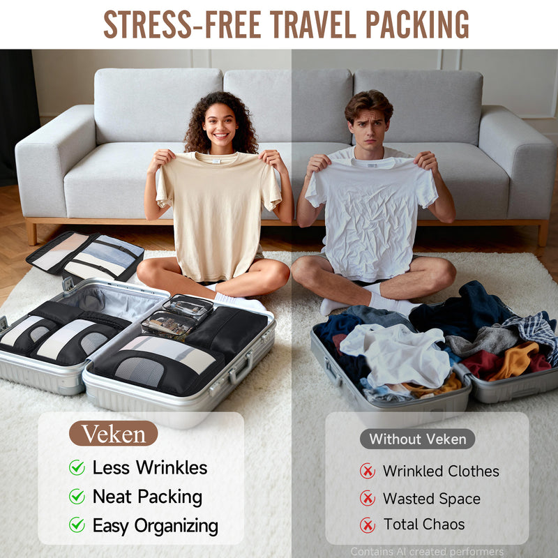 Veken 10 Set/8 Set Packing Cubes for Travel Essentials,Anti-Wrinkle Buckled Suitcase Organizer for Shoe & Toiletry Bag,Carry On Luggage Bag for Airplane & College Dorm Room Accessories,Women Men Gifts-zoom-
