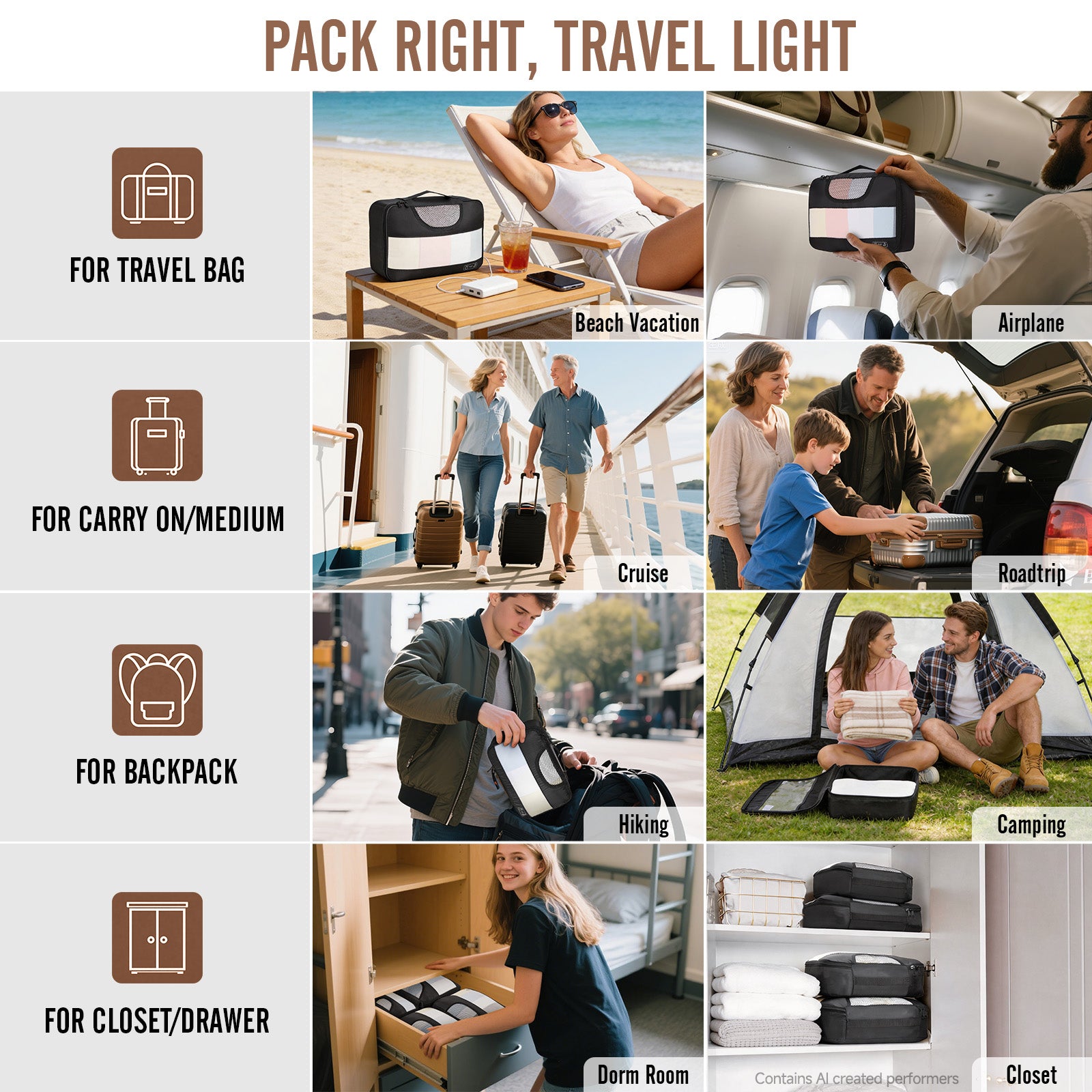 Veken 10 Set/8 Set Packing Cubes for Travel Essentials,Anti-Wrinkle Buckled Suitcase Organizer for Shoe & Toiletry Bag,Carry On Luggage Bag for Airplane & College Dorm Room Accessories,Women Men Gifts-22