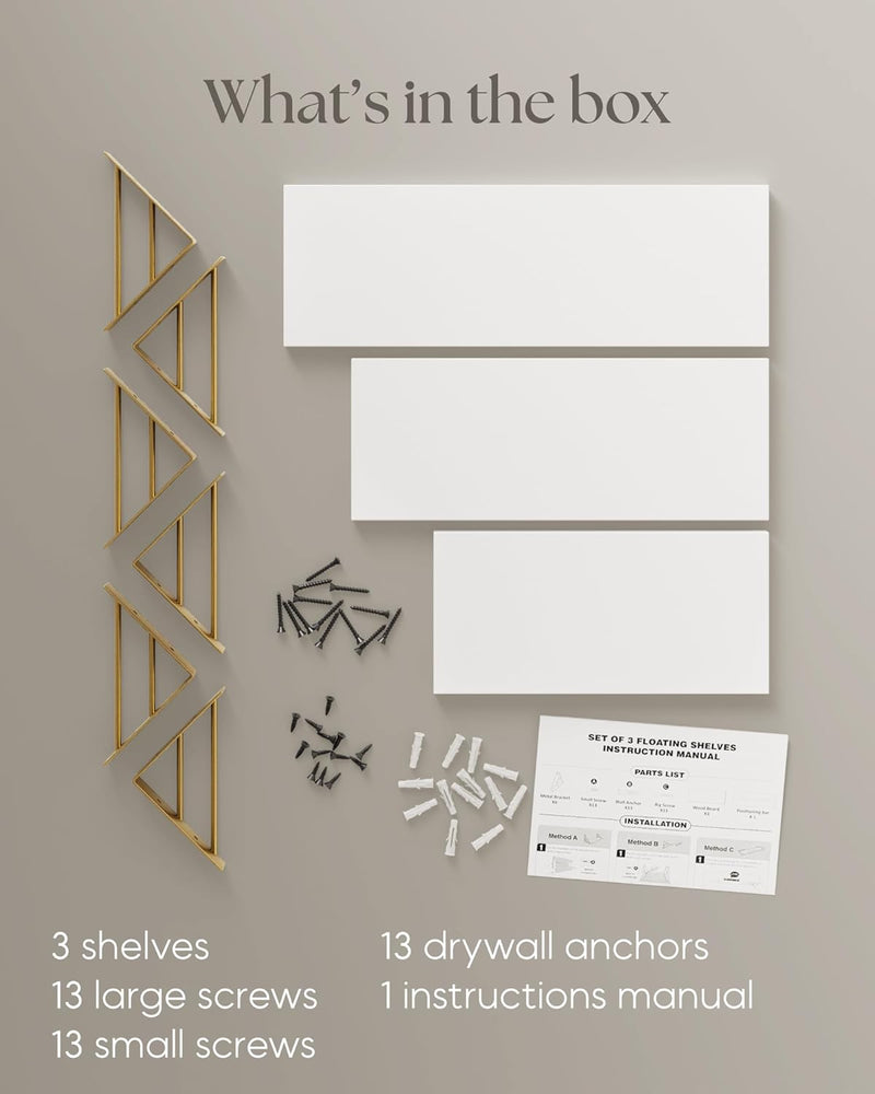 BAYKA | Floating Shelves | Set of 3 | White and Gold-zoom-