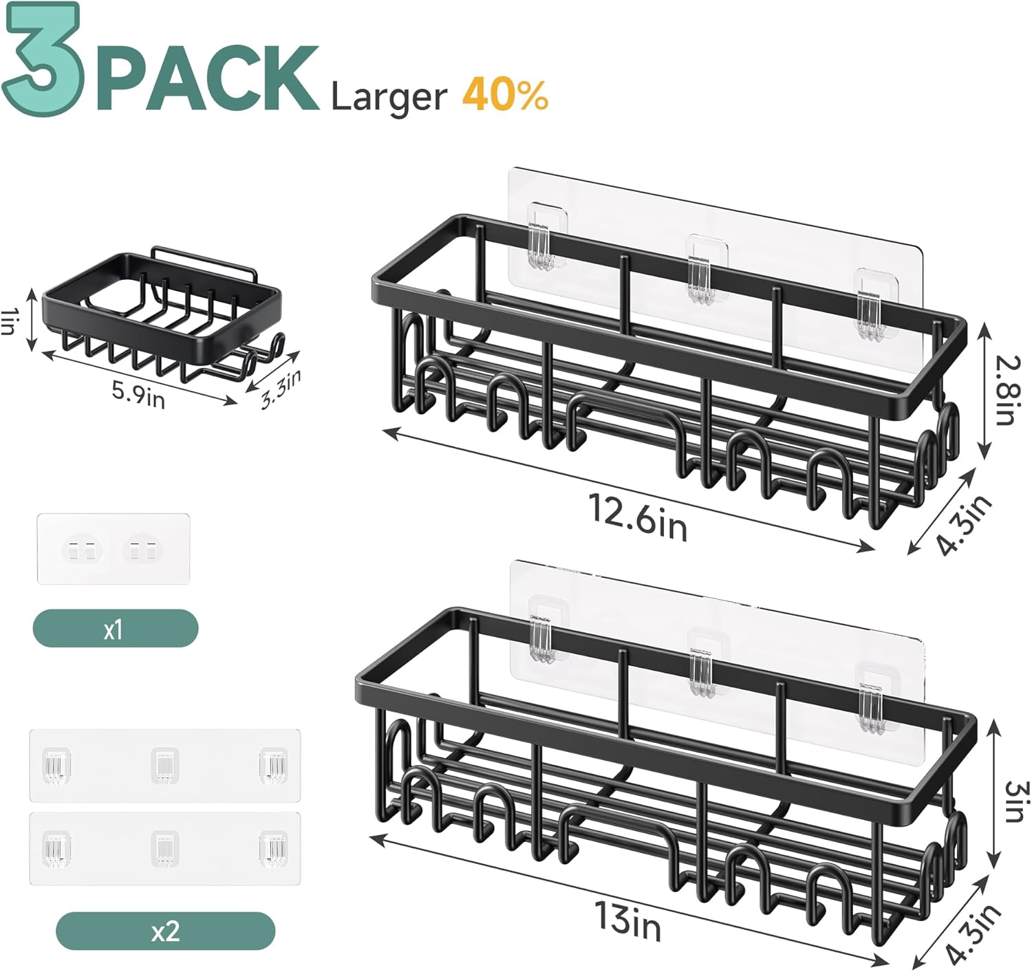 Veken Rustproof & Waterproof Shower Caddy 3-Pack, No Drilling Adhesive Shelves Rack with Soap Holder, Large Capacity Bathroom Organizers and Storage, Wall-Mounted Kitchen & Home Decor, Black - aborderproducts