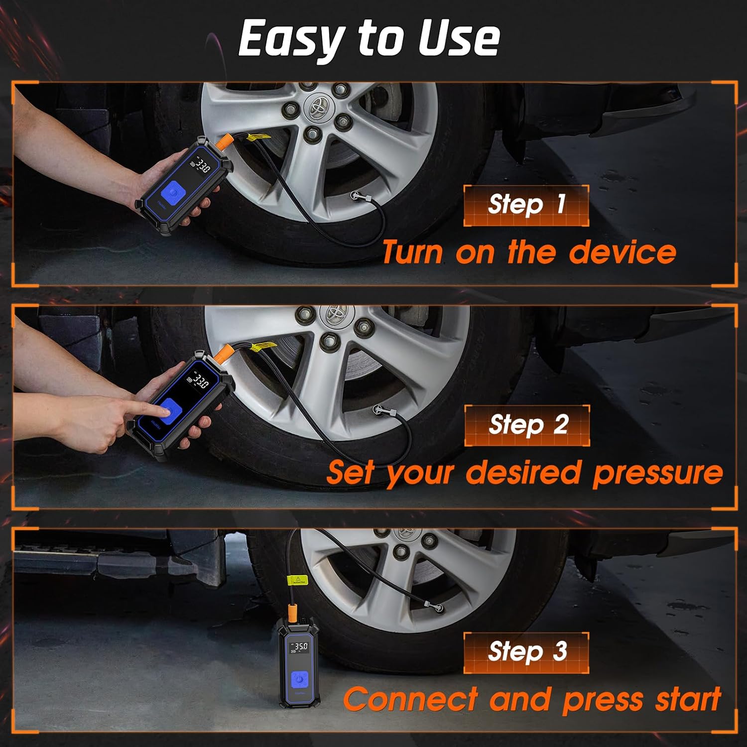 OlarHike Cordless Electric Tire Inflator Portable Air Compressor, Auto Air Pump for Car Tires,SUV,Bicycle, Bike,motorcycle,ball, Tire Inflator with Digital Pressure Gauge, Smart Pump with LED Light, Blue - aborderproducts