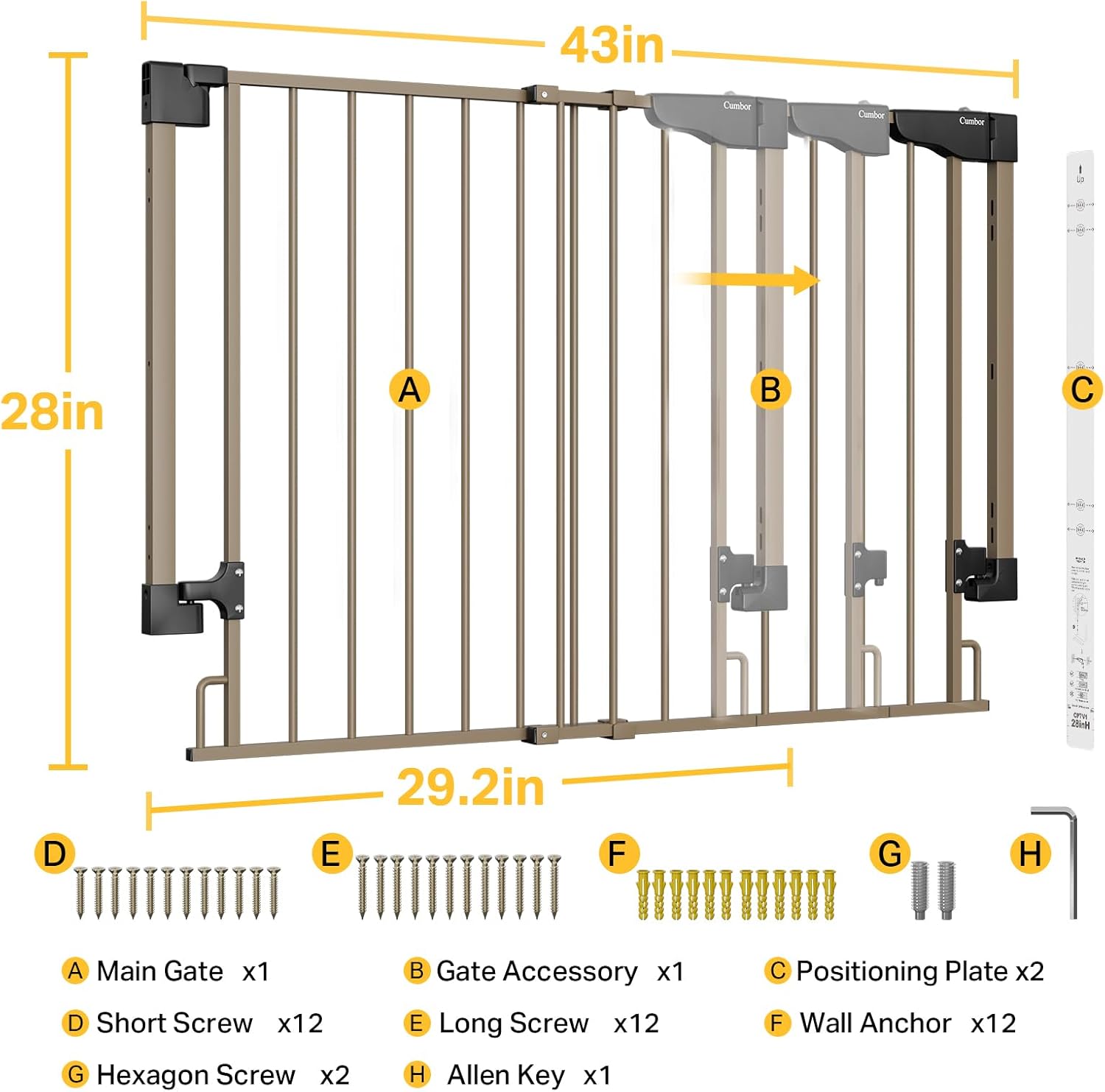 Cumbor | Safety Gate | No Bottom Bar | 29.2-43" | Brown - aborderproducts