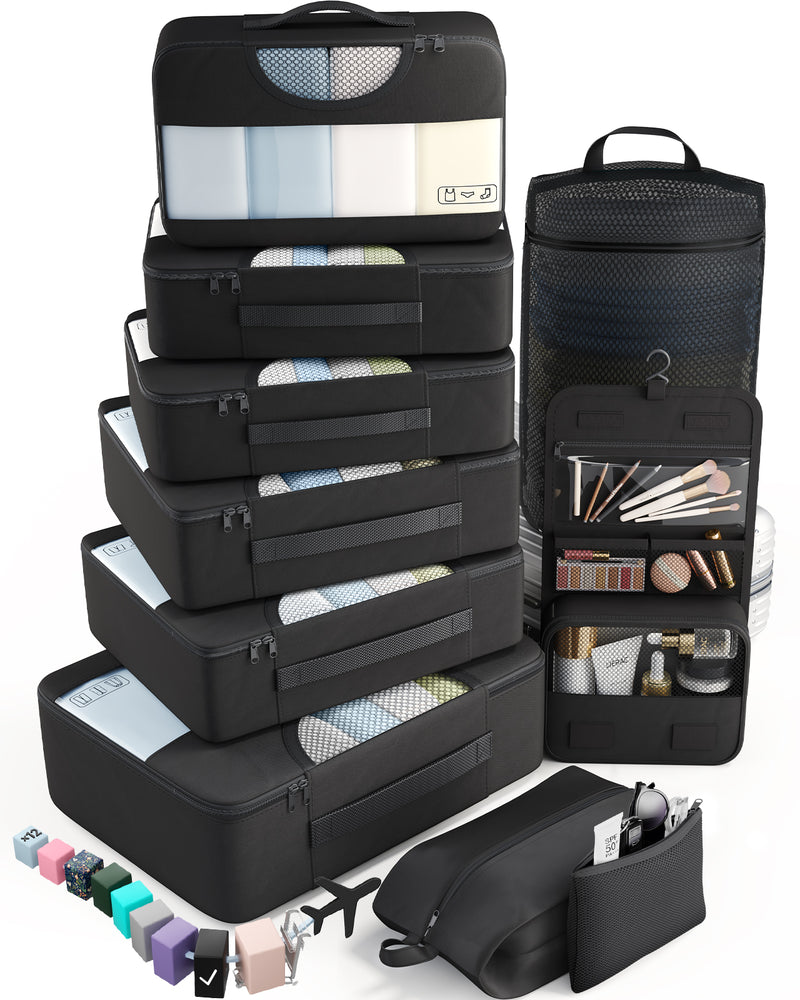 Veken 10 Set/8 Set Packing Cubes for Travel Essentials,Anti-Wrinkle Buckled Suitcase Organizer for Shoe & Toiletry Bag,Carry On Luggage Bag for Airplane & College Dorm Room Accessories,Women Men Gifts-zoom-