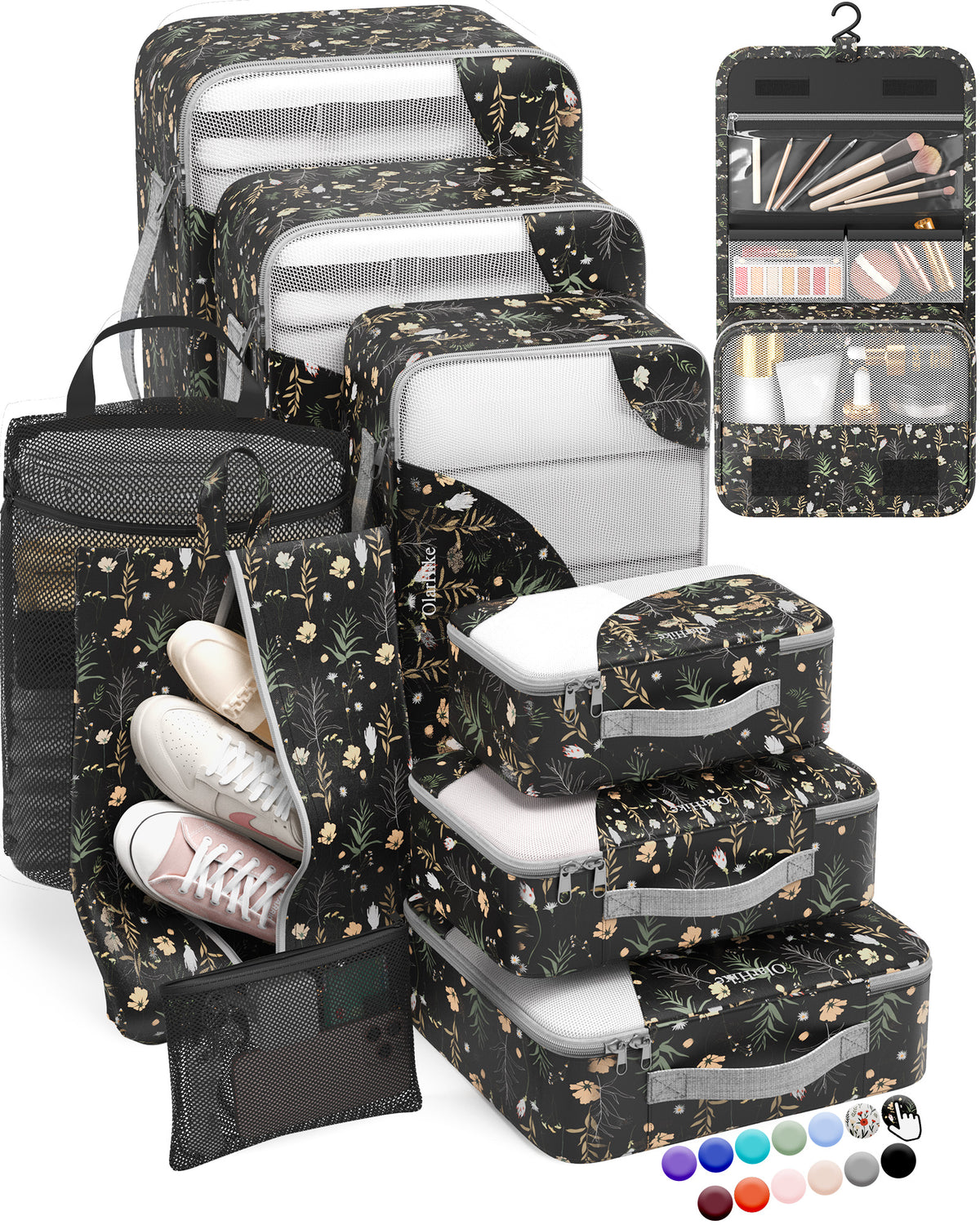 ALL INCLUDED 10 Set Durable Packing Cubes for Suitcases,OlarHike Essentials for Travel,UPGRADED Anti-Tear Stitching, NEW Improved Luggage Packing Organizers for Travel Accessories (Black Flower)