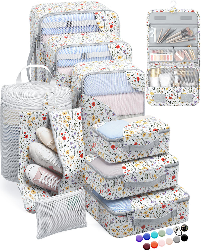 ALL INCLUDED 10 Set Durable Packing Cubes for Suitcases,OlarHike Essentials for Travel,UPGRADED Anti-Tear Stitching, NEW Improved Luggage Packing Organizers for Travel Accessories (Flower)-zoom-