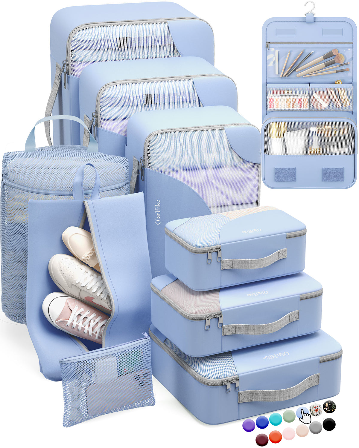 ALL INCLUDED 10 Set Durable Packing Cubes for Suitcases,OlarHike Essentials for Travel,UPGRADED Anti-Tear Stitching, NEW Improved Luggage Packing Organizers for Travel Accessories (Light Blue)