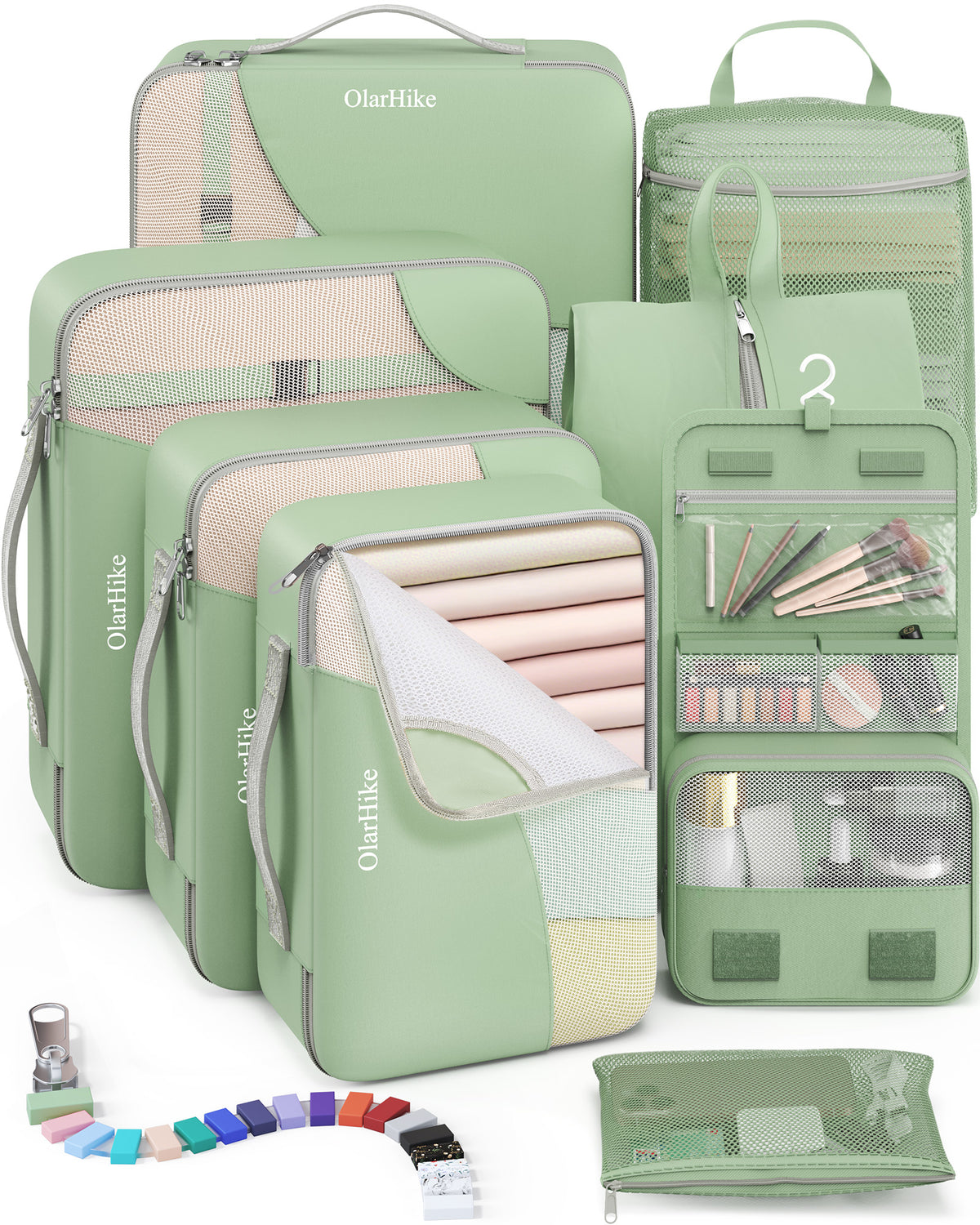 8 Set Packing Cubes for Travel, Anti-Tearing Suitcase Organizer for Luggage with Shoe & Hanging Toiletry Bag,Gifts for Women Mom,OlarHike Vacation Essentials & Accessories for Cruise Ship,Matcha Green