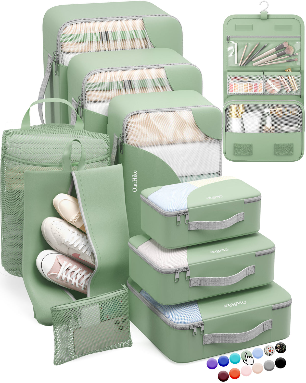 ALL INCLUDED 10 Set Durable Packing Cubes for Suitcases,OlarHike Essentials for Travel,UPGRADED Anti-Tear Stitching, NEW Improved Luggage Packing Organizers for Travel Accessories (Matcha Green)