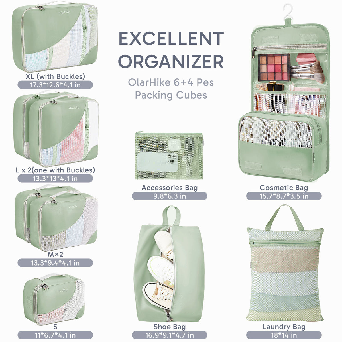 ALL INCLUDED 10 Set Durable Packing Cubes for Suitcases,OlarHike Essentials for Travel,UPGRADED Anti-Tear Stitching, NEW Improved Luggage Packing Organizers for Travel Accessories (Matcha Green)