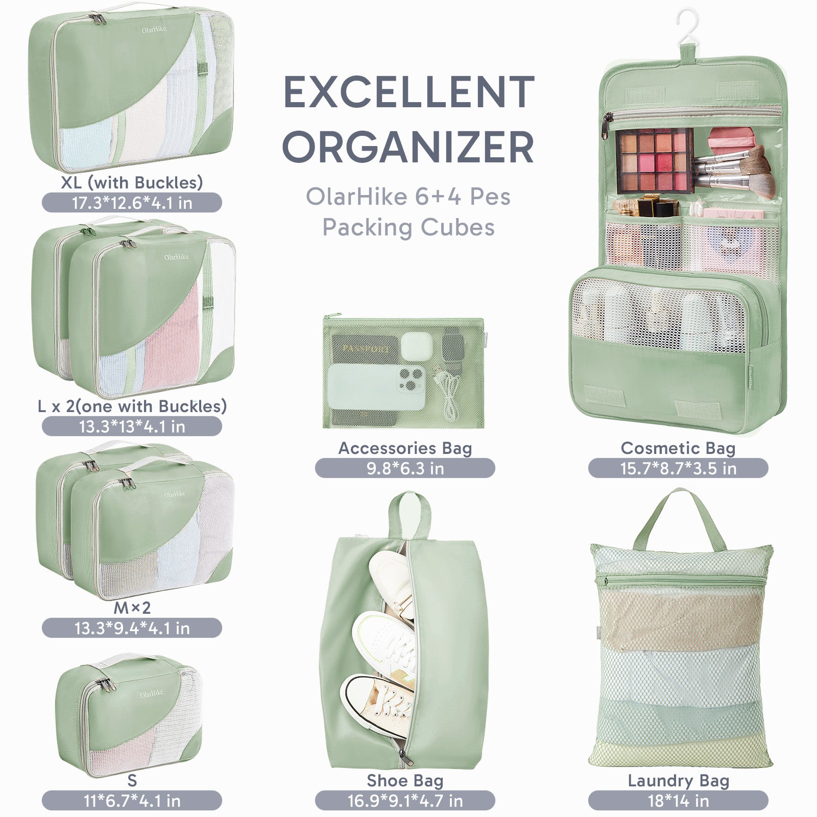 ALL INCLUDED 10 Set Durable Packing Cubes for Suitcases,OlarHike Essentials for Travel,UPGRADED Anti-Tear Stitching, NEW Improved Luggage Packing Organizers for Travel Accessories (Matcha Green) - aborderproducts
