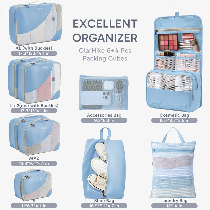 ALL INCLUDED 10 Set Durable Packing Cubes for Suitcases,OlarHike Essentials for Travel,UPGRADED Anti-Tear Stitching, NEW Improved Luggage Packing Organizers for Travel Accessories (Light Blue)-zoom-