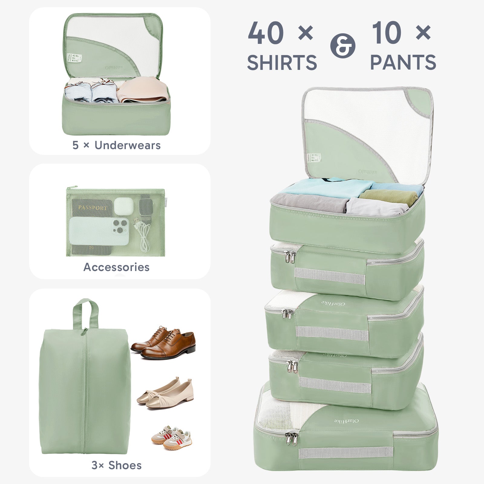 ALL INCLUDED 10 Set Durable Packing Cubes for Suitcases,OlarHike Essentials for Travel,UPGRADED Anti-Tear Stitching, NEW Improved Luggage Packing Organizers for Travel Accessories (Matcha Green) - aborderproducts