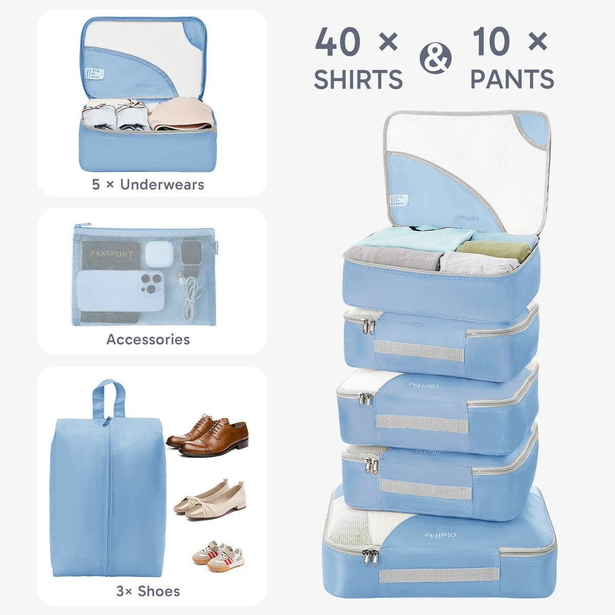 ALL INCLUDED 10 Set Durable Packing Cubes for Suitcases,OlarHike Essentials for Travel,UPGRADED Anti-Tear Stitching, NEW Improved Luggage Packing Organizers for Travel Accessories (Light Blue)