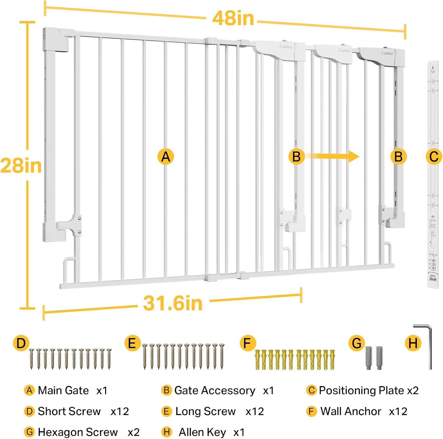 Cumbor | Safety Gate | No Bottom Bar | 28" x 31.6-48" | White - aborderproducts