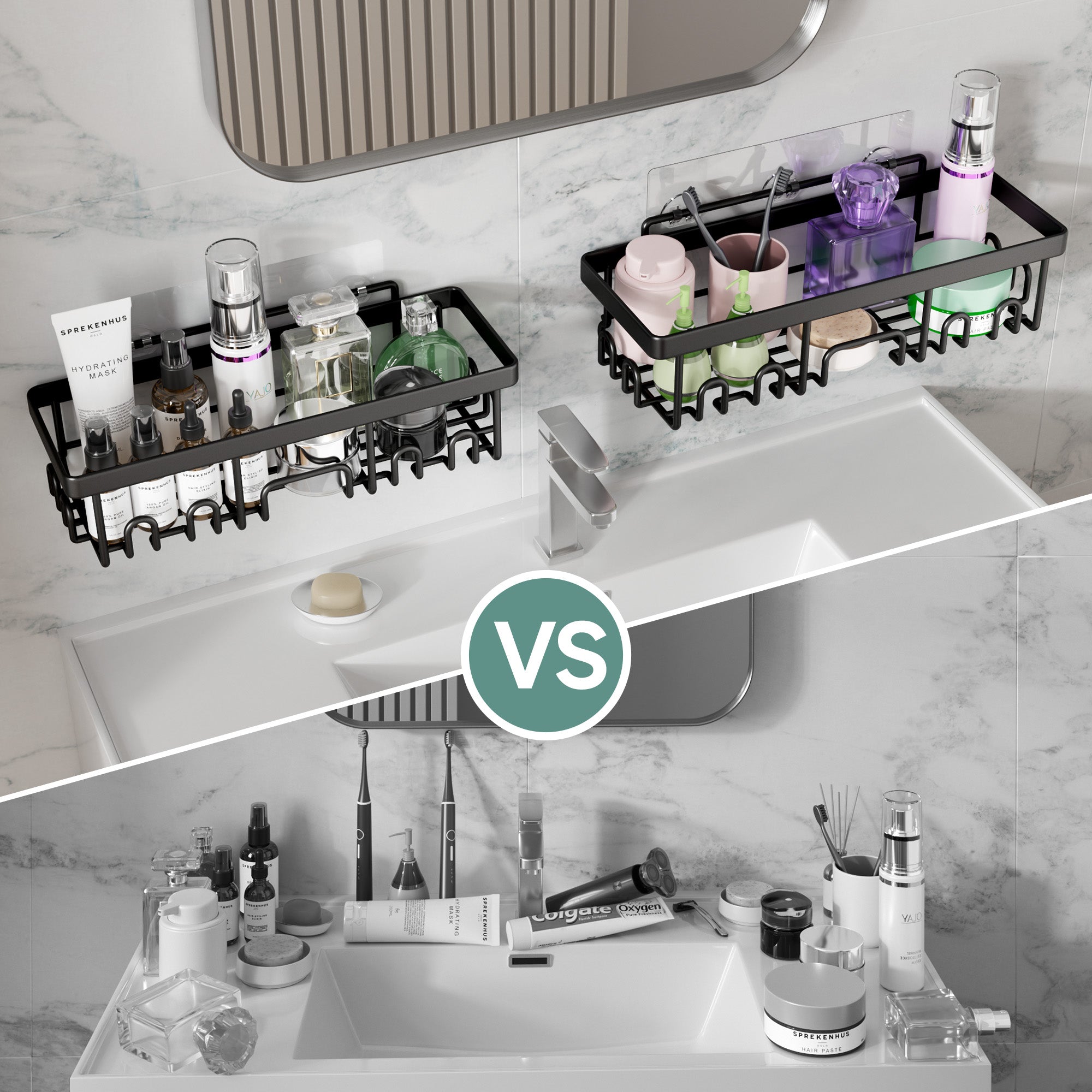 Veken | 6 Pack Stainless Steel Shower Caddy| Black | No Drilling &amp; Rustproof, Waterproof Adhesive Shelves Rack with Soap Holder, Large Capacity Bathroom Organizers and Storage, Wall-Mounted Kitchen Decor - aborderproducts