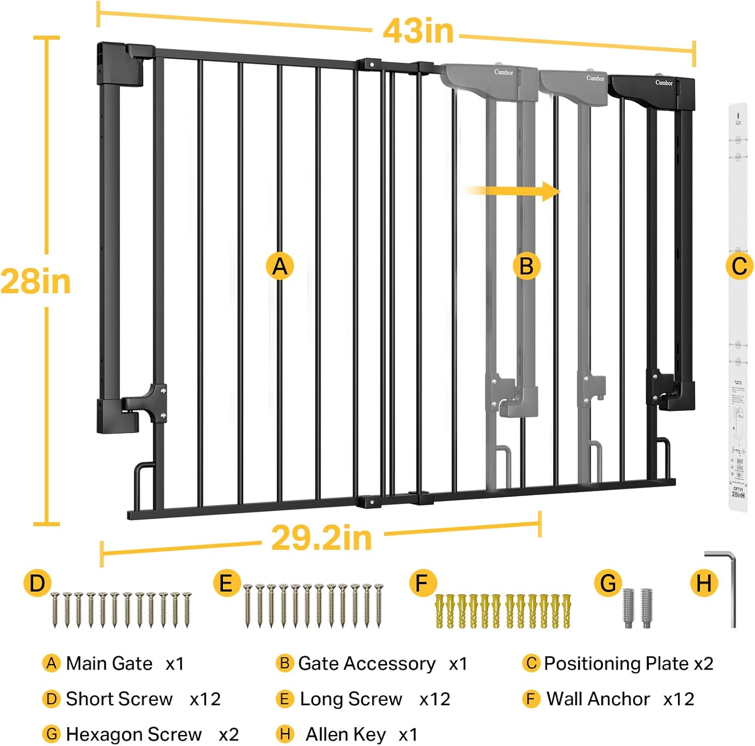 Cumbor | Safety Gate | No Bottom Bar | 29.2-43" | Black - aborderproducts