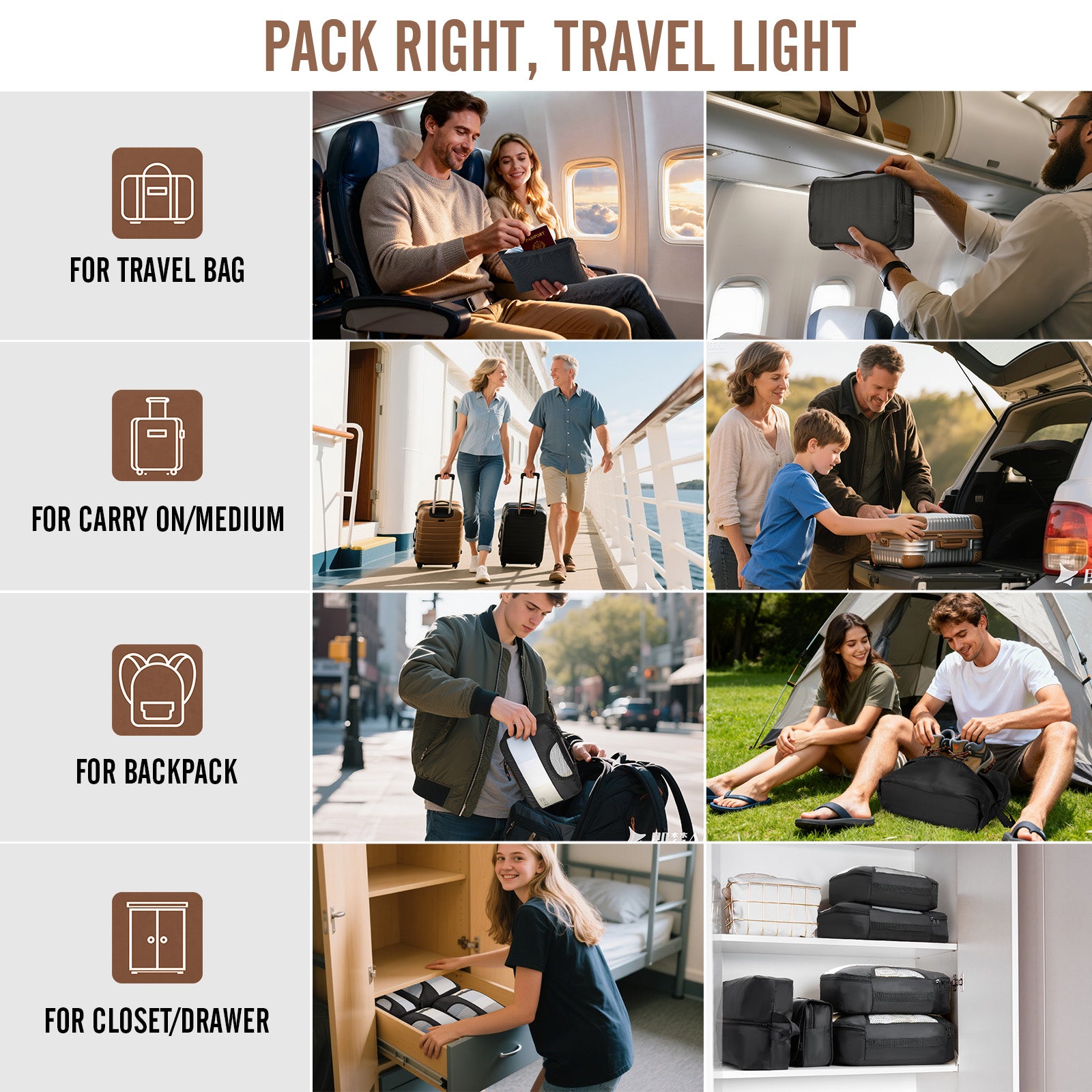 Veken 10 Set/8 Set Packing Cubes for Travel Essentials,Anti-Wrinkle Buckled Suitcase Organizer for Shoe & Toiletry Bag,Carry On Luggage Bag for Airplane & College Dorm Room Accessories,Women Men Gifts-zoom-48