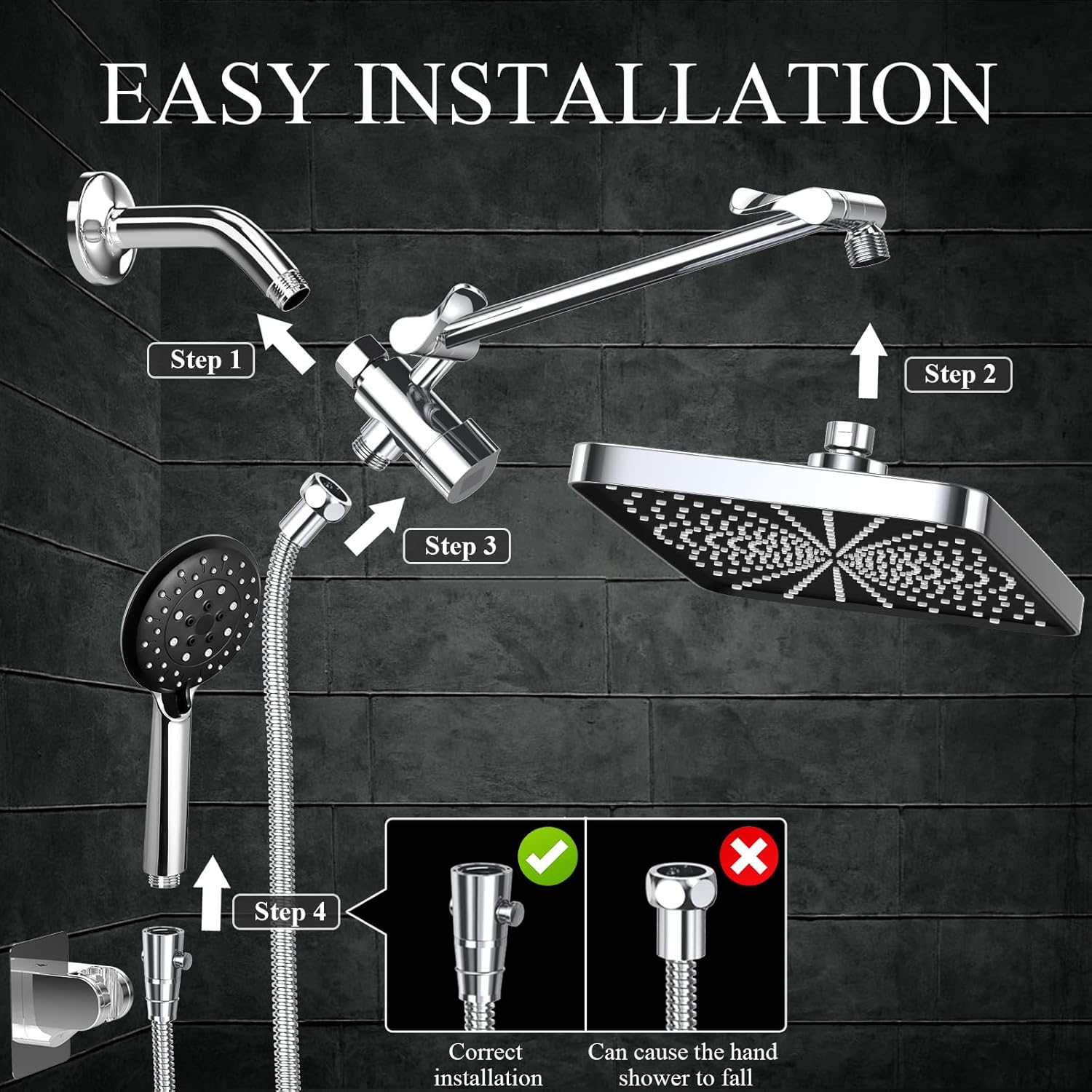 Veken | Rain Shower Head Combo | with Extension Arm| Silver Chrome