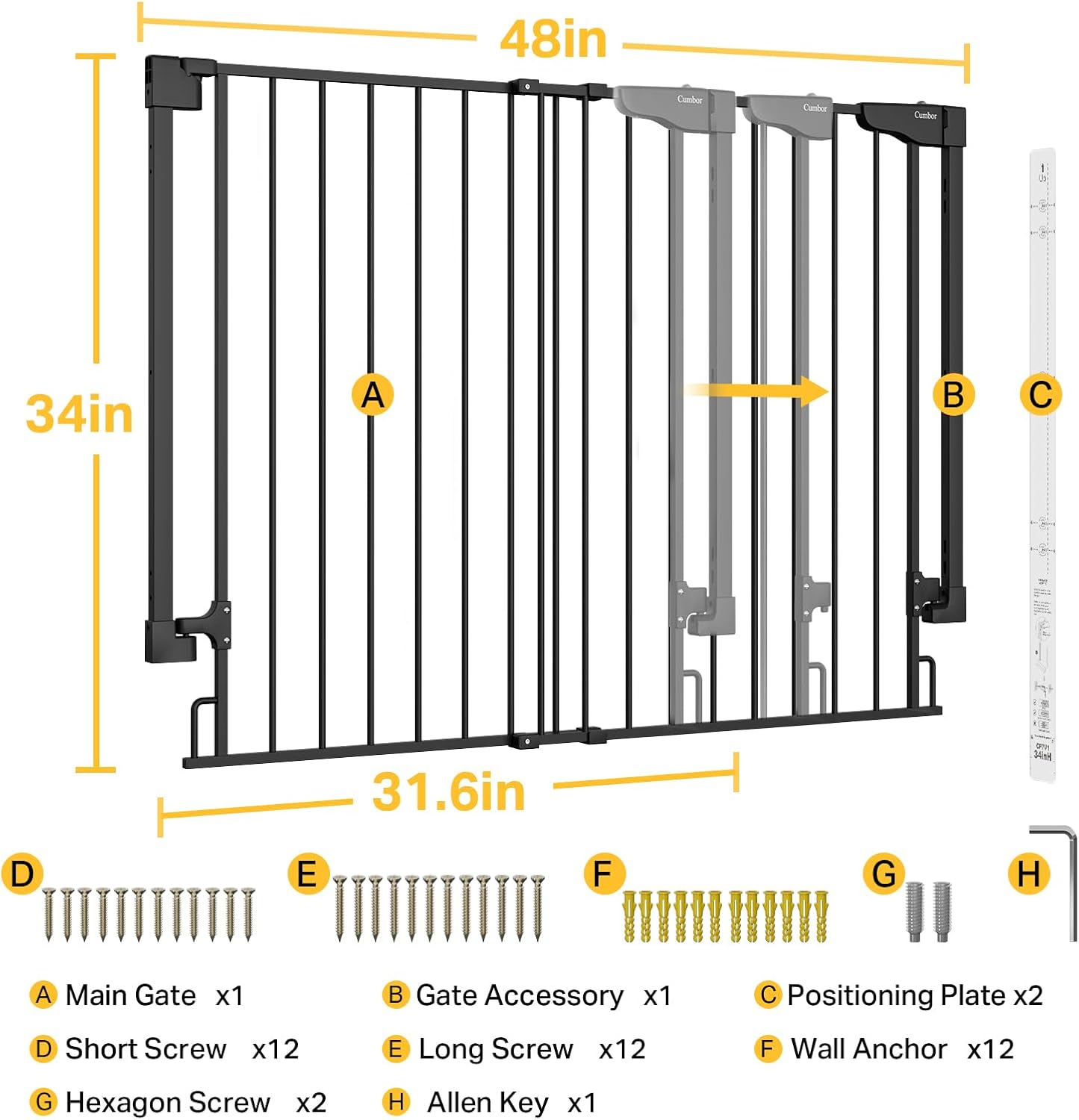 Cumbor | Safety Gate | No Bottom Bar | 34" x 31.6-48" | Black - aborderproducts
