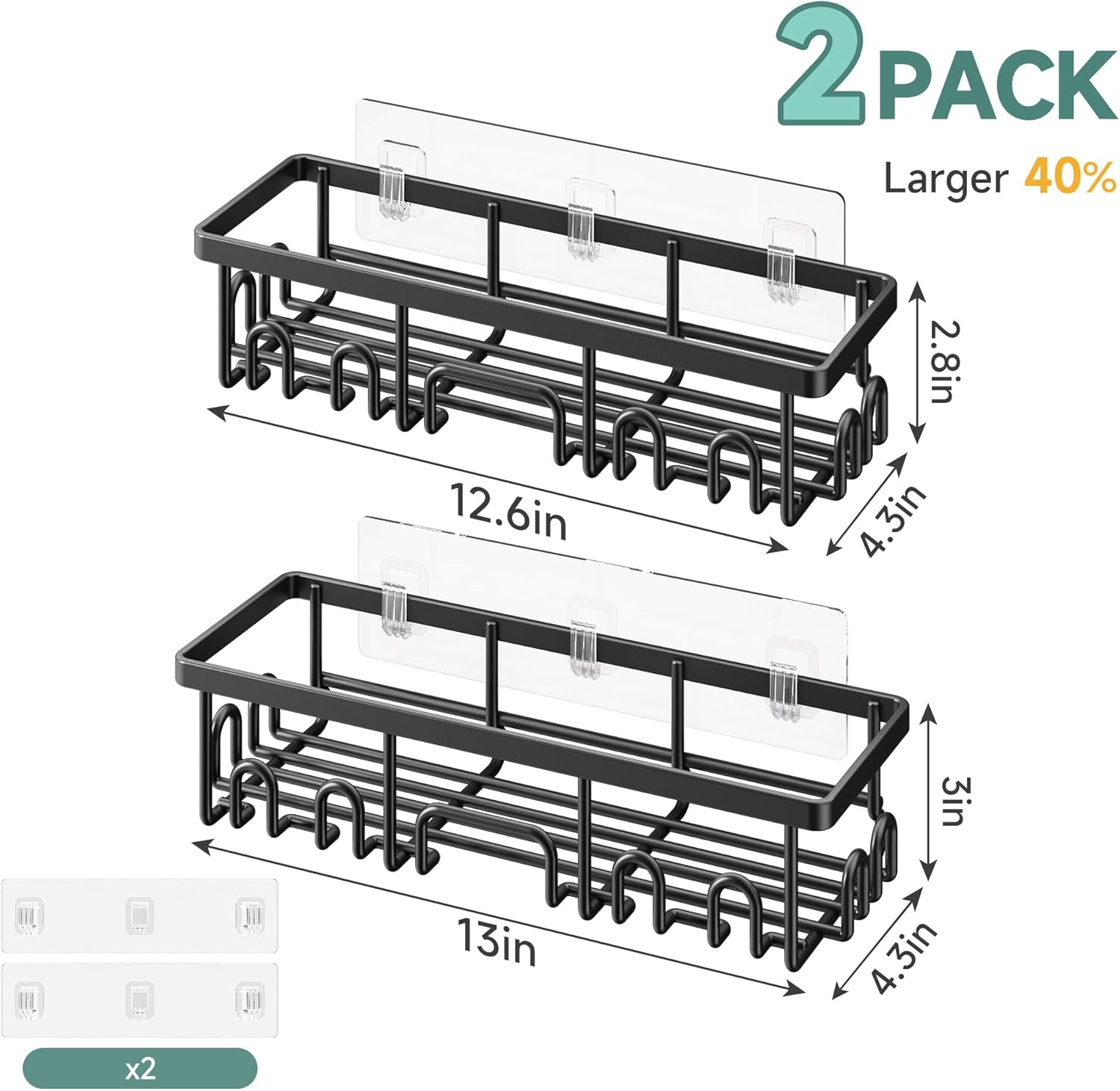 Veken Rustproof & Waterproof Shower Caddy 2-Pack, No Drilling Adhesive Shelves Rack with Soap Holder, Large Capacity Bathroom Organizers and Storage, Wall-Mounted Kitchen & Home Decor, Black - aborderproducts