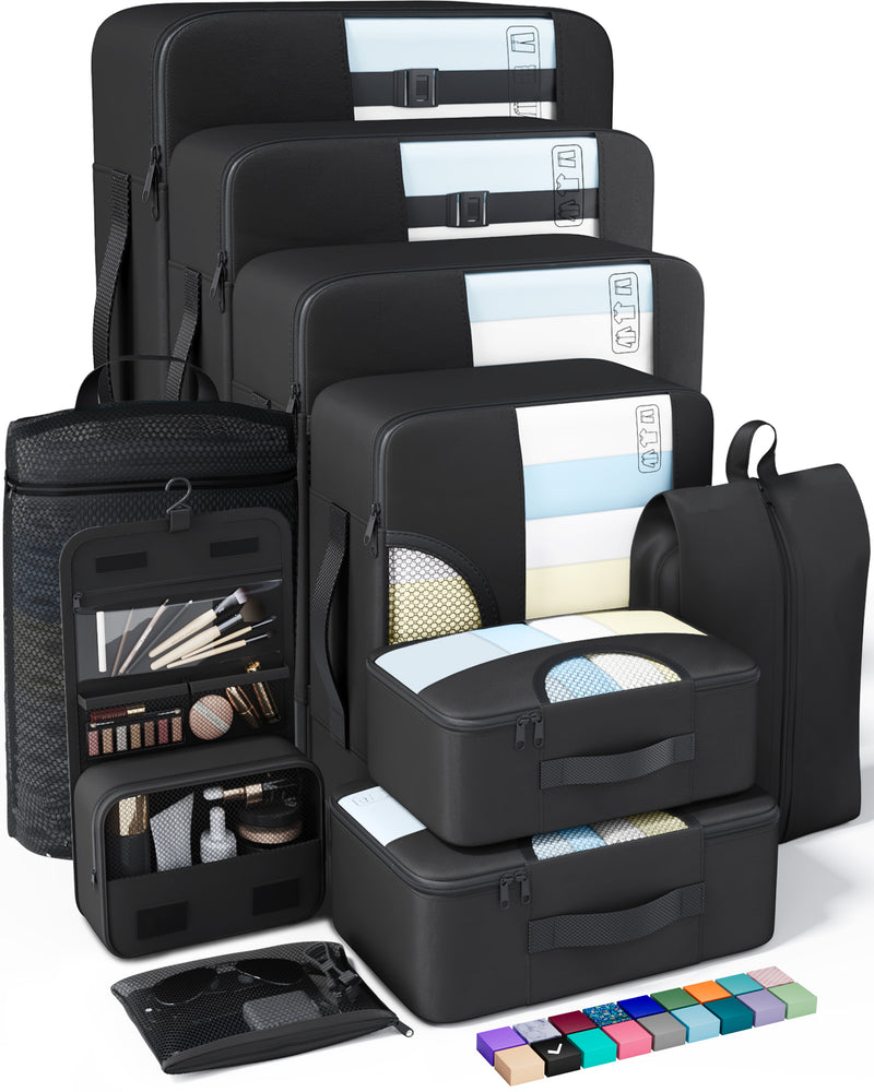 Veken 10 Set/8 Set Packing Cubes for Travel Essentials,Anti-Wrinkle Buckled Suitcase Organizer for Shoe & Toiletry Bag,Carry On Luggage Bag for Airplane & College Dorm Room Accessories,Women Men Gifts-zoom-