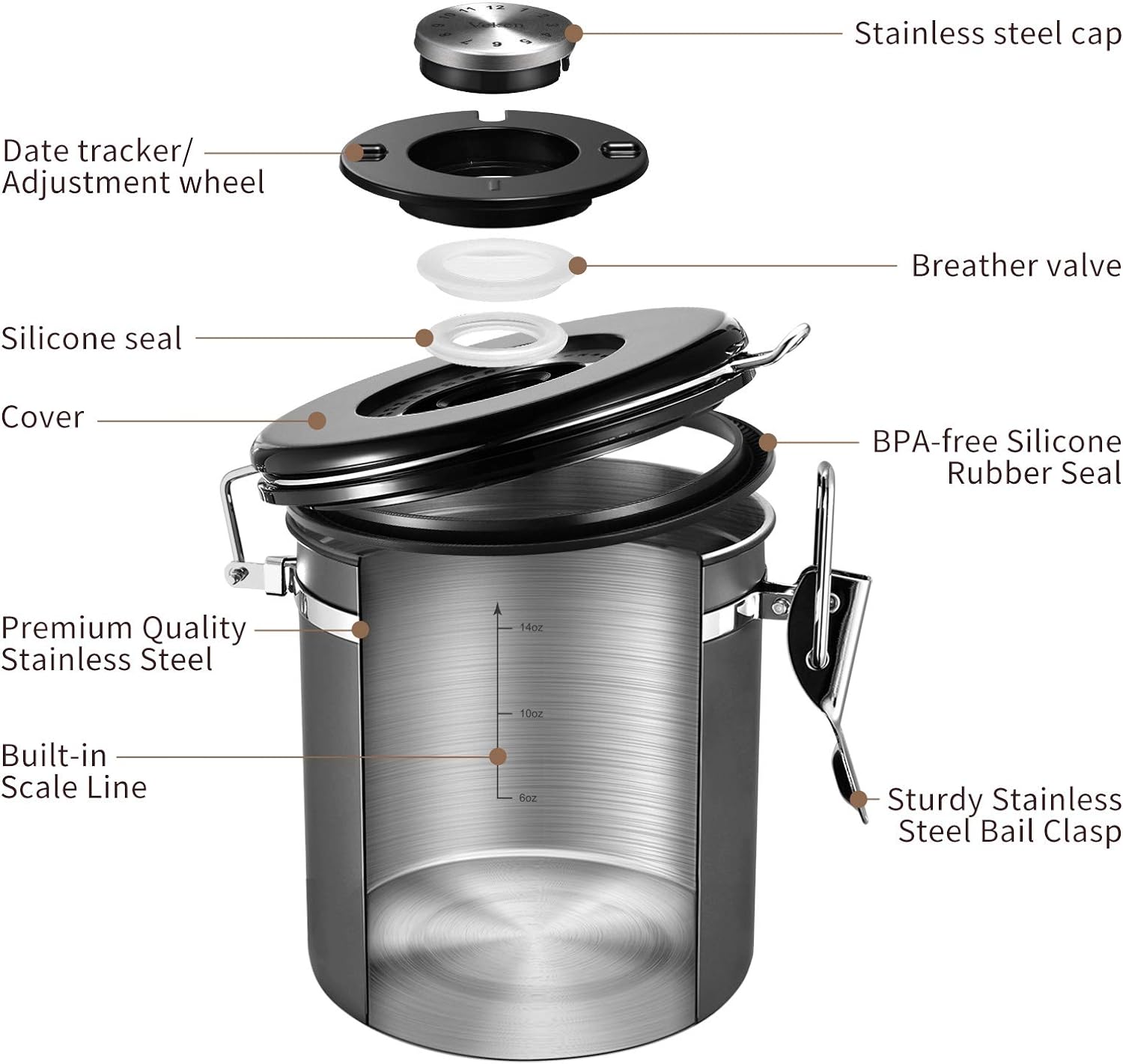 Coffee Canister | Stainless Steel | 16OZ | Gray | Veken - aborderproducts