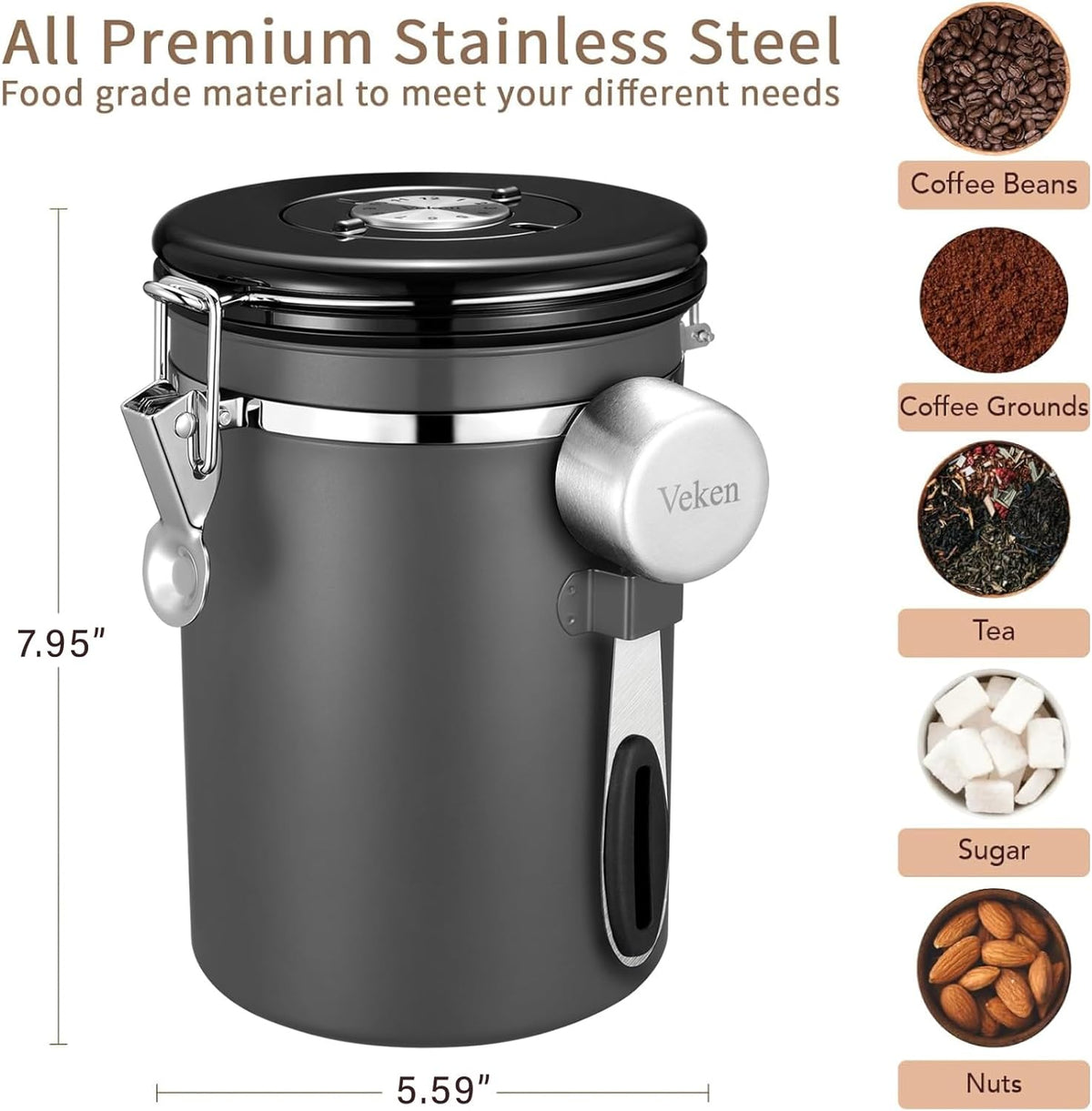 Coffee Canister | Stainless Steel | 38OZ | Gray | Veken - aborderproducts