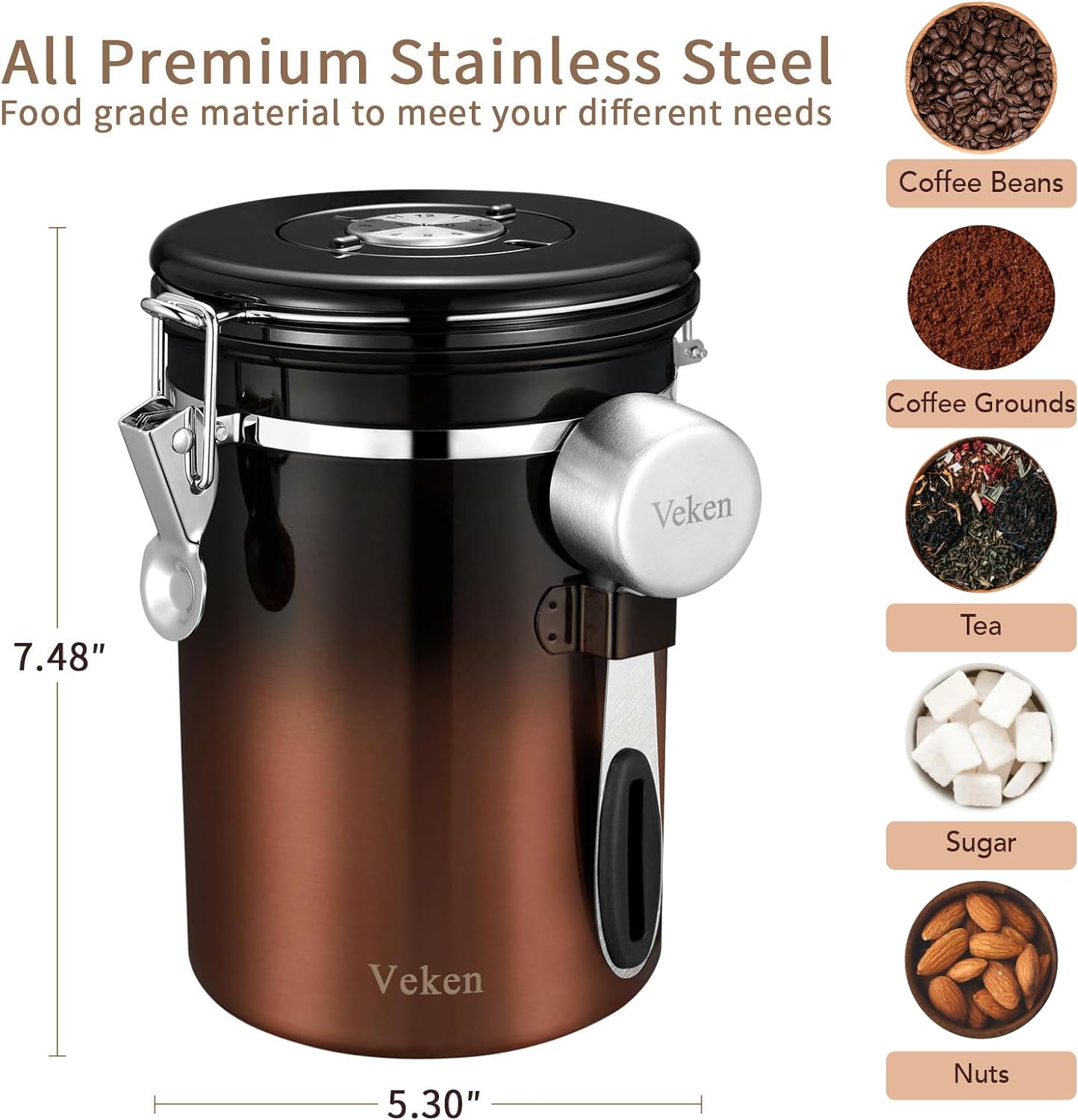 Coffee Canister | Stainless Steel | 22OZ | Copper | Veken - aborderproducts