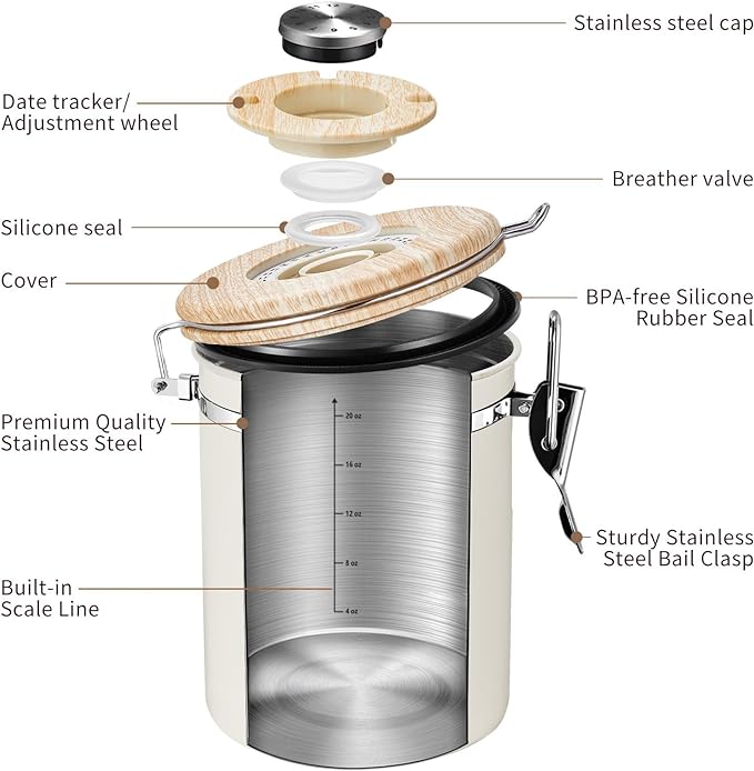 Coffee Canister | Stainless Steel | 22OZ | Cream | Veken - aborderproducts