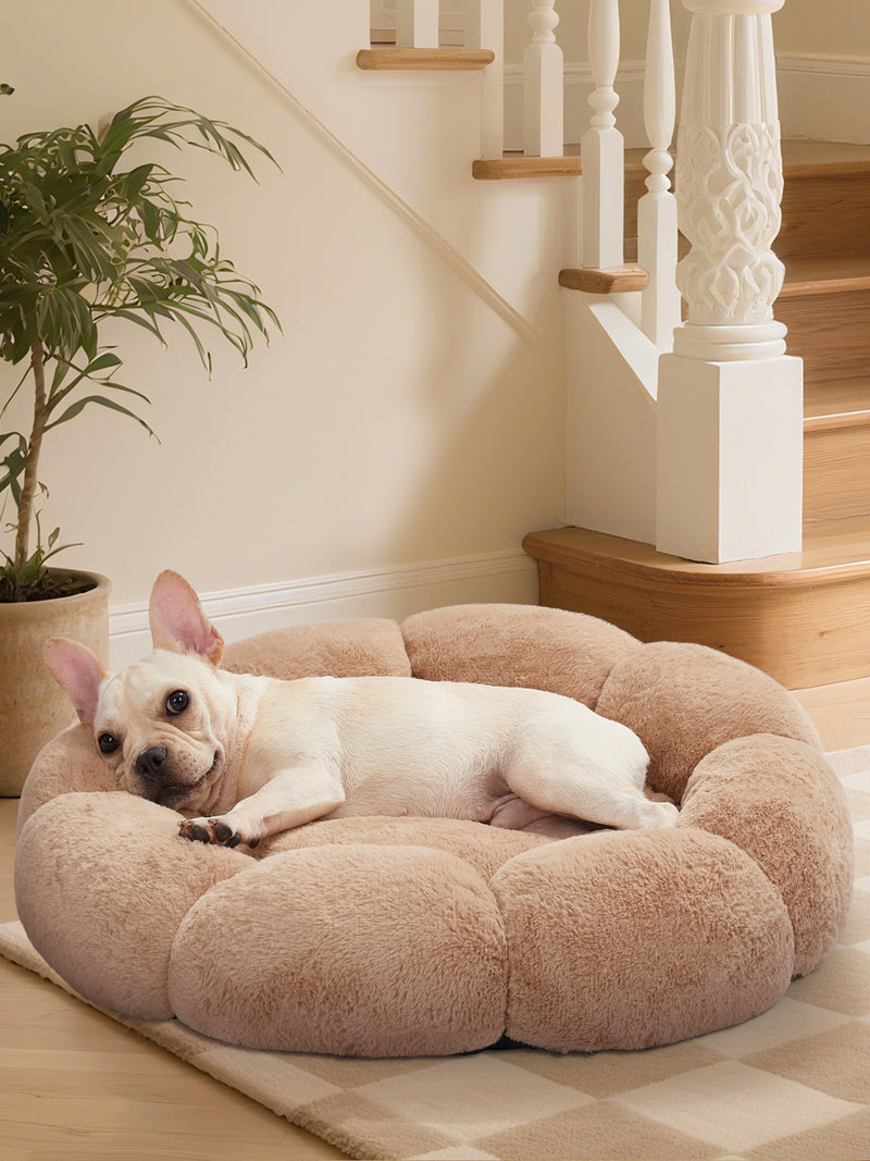 OhGeni 27 inches Calming Donut Dog & Cat Bed for Medium Pets, Warming Comfort Fluffy Short Pile Fur, Durable Waterproof Machine Washable Removable Cover, Cute Round Bed for Puppy and Kitten, Camel-zoom-