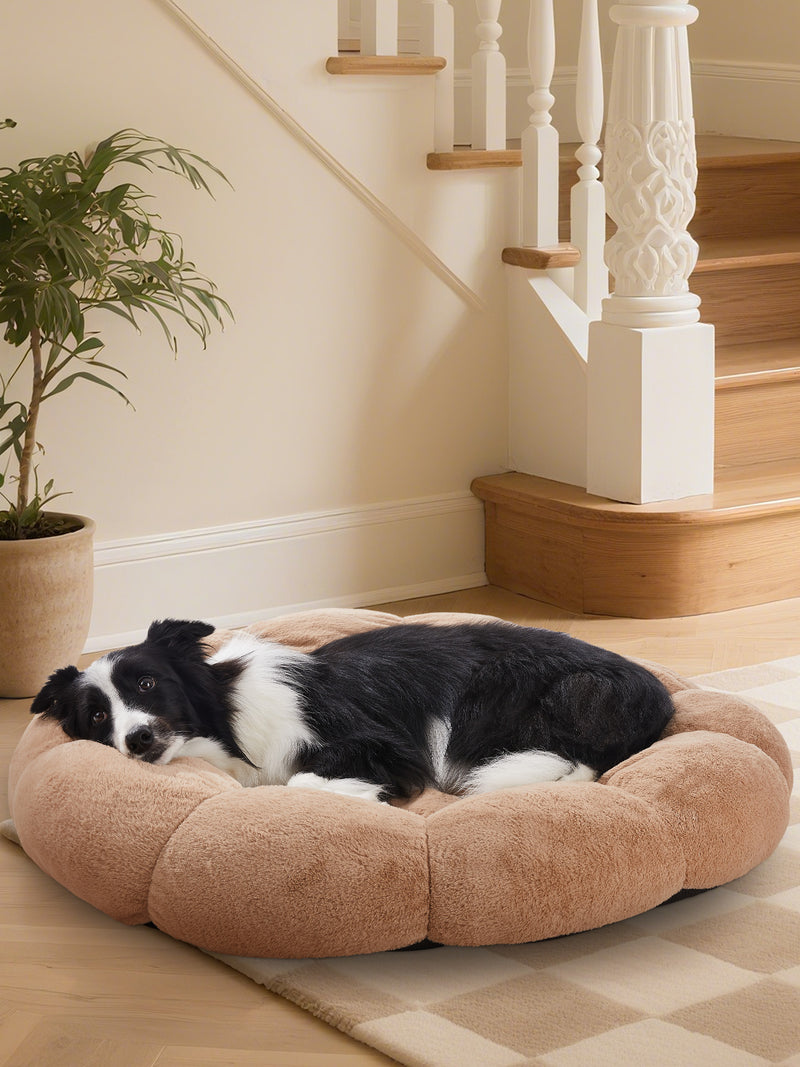 OhGeni 36 inches Calming Donut Dog & Cat Bed for Large Pets, Warming Comfort Fluffy Short Pile Fur, Durable Waterproof Machine Washable Removable Cover, Cute Round Bed for Puppy and Kitten, Camel-zoom-