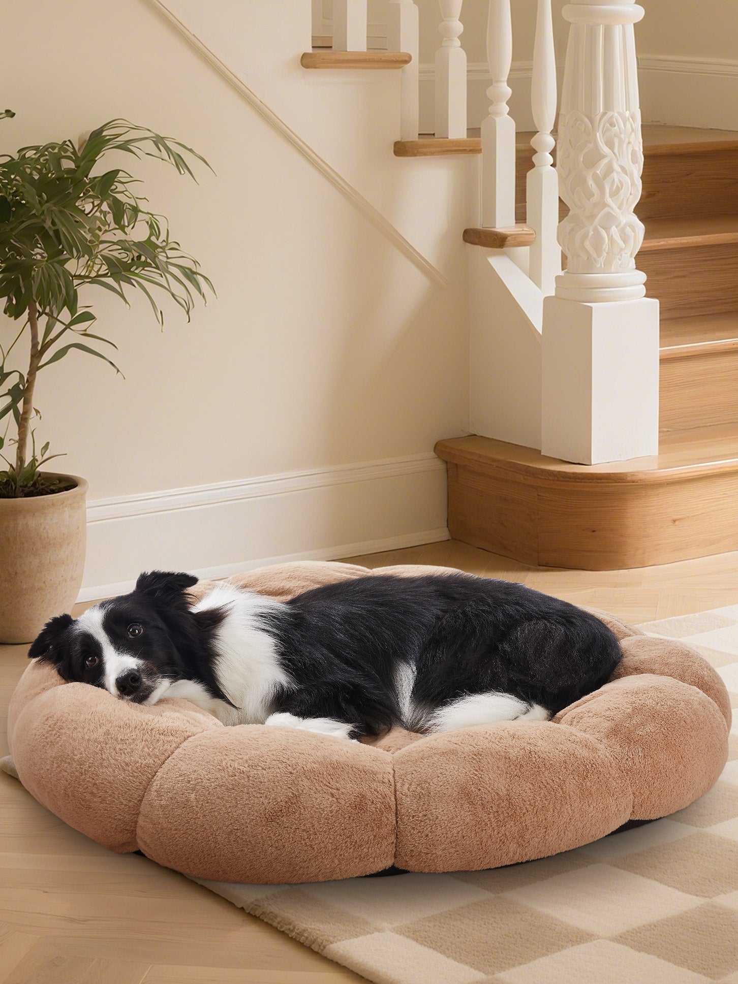 OhGeni 36 inches Calming Donut Dog & Cat Bed for Large Pets, Warming Comfort Fluffy Short Pile Fur, Durable Waterproof Machine Washable Removable Cover, Cute Round Bed for Puppy and Kitten, Camel - aborderproducts