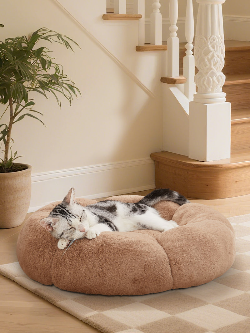 OhGeni 20 inches Calming Donut Dog & Cat Bed for Small Pets, Warming Comfort Fluffy Short Pile Fur, Durable Waterproof Machine Washable Removable Cover, Cute Round Bed for Puppy and Kitten, Camel-zoom-