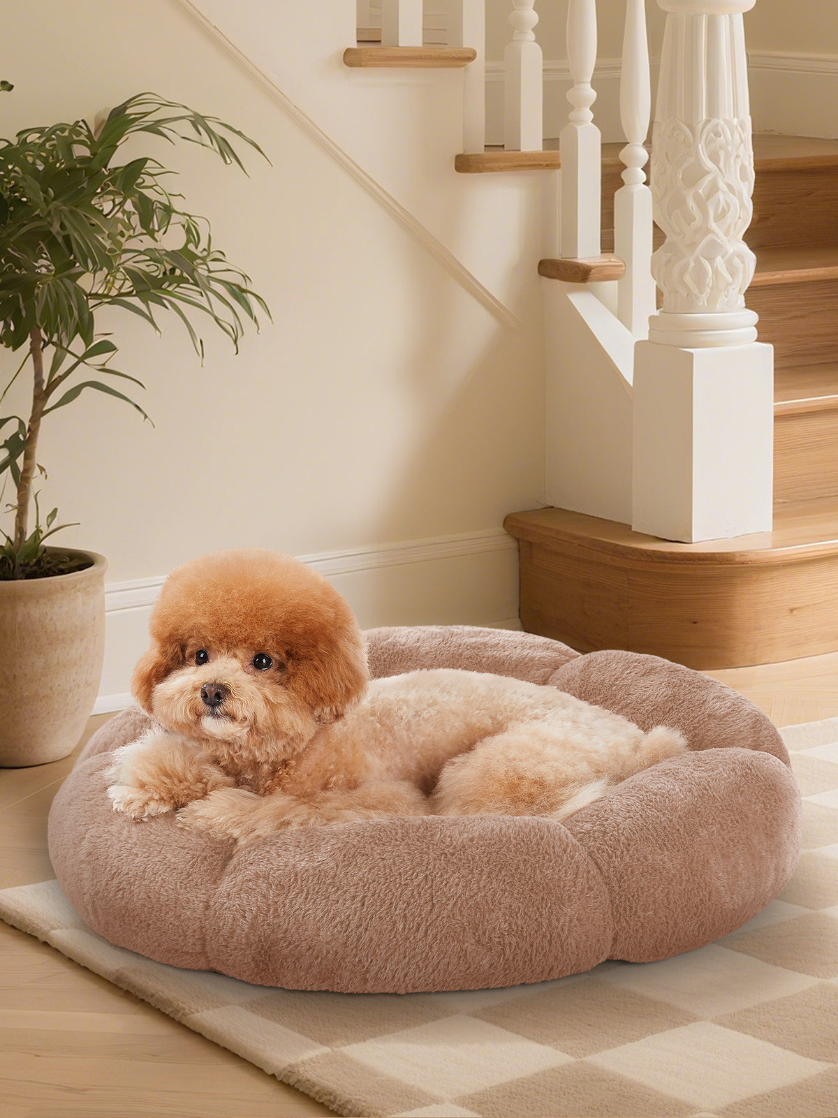 OhGeni 24 inches Calming Donut Dog & Cat Bed for Small Pets, Warming Comfort Fluffy Short Pile Fur, Durable Waterproof Machine Washable Removable Cover, Cute Round Bed for Puppy and Kitten, Camel - aborderproducts