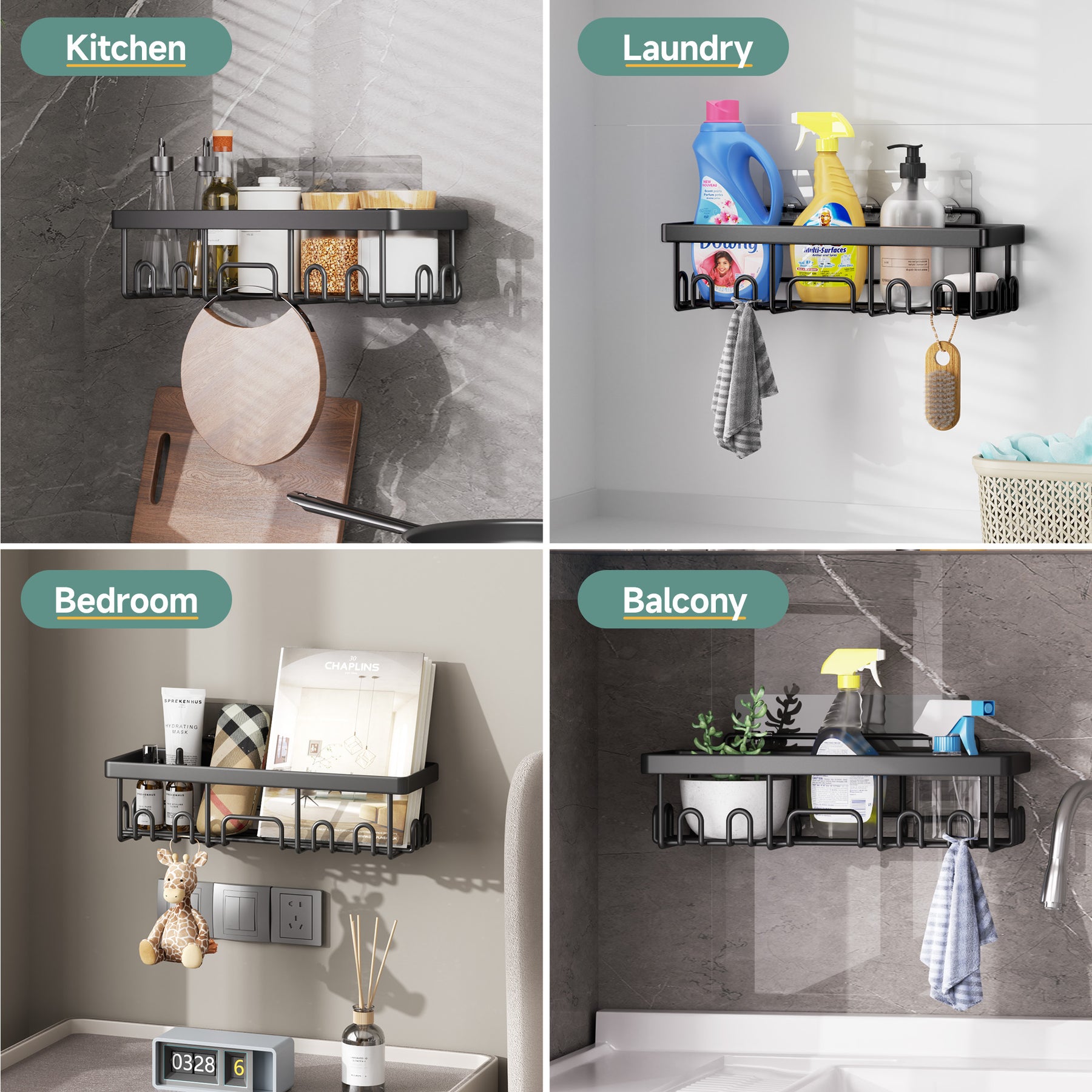 Veken | 6 Pack Stainless Steel Shower Caddy| Black | No Drilling &amp; Rustproof, Waterproof Adhesive Shelves Rack with Soap Holder, Large Capacity Bathroom Organizers and Storage, Wall-Mounted Kitchen Decor
