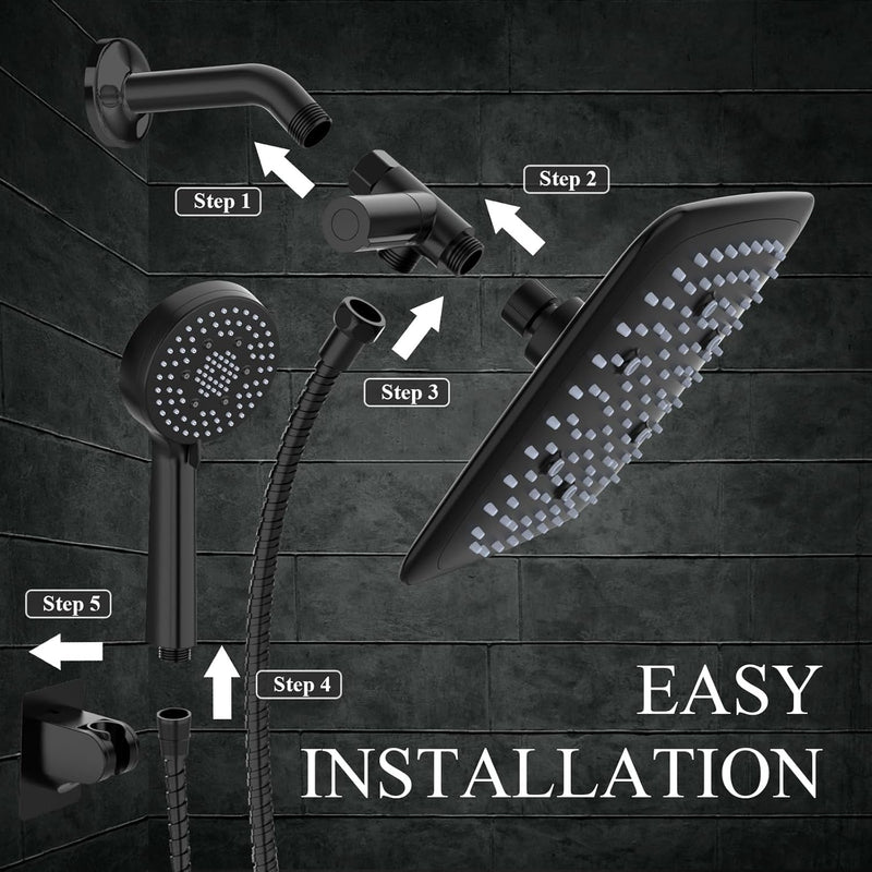 Veken | Shower Head | 9 Inch | Combo | Wide Square | Black-zoom-