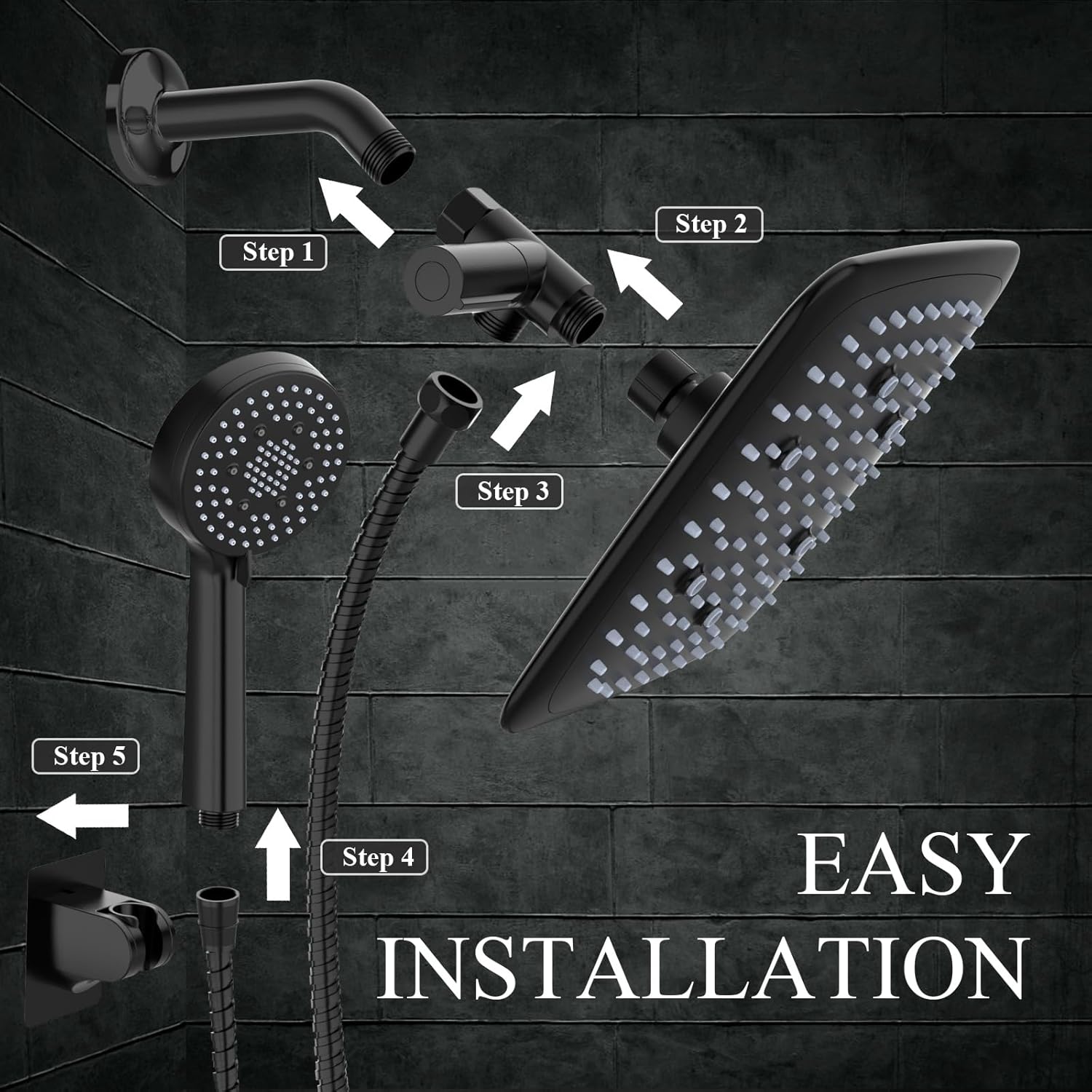 Veken | Shower Head | 9 Inch | Combo | Wide Square| Black